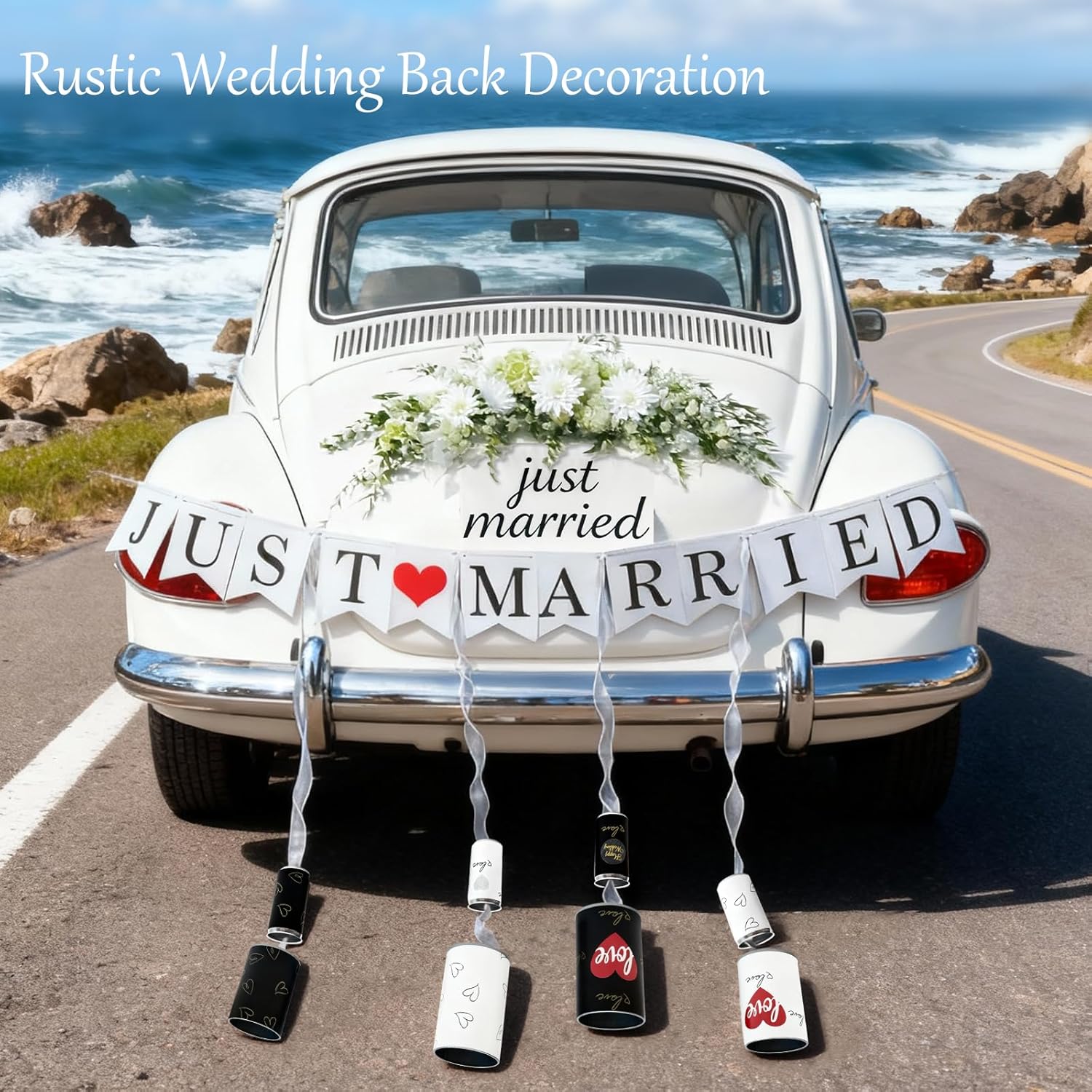 Just Married Car Cans Decorations Set of 8, Wedding Tail Tin Cans with Ribbon String for Newlywed Getaway, Rustic Wedding Back Decoration Supplies
