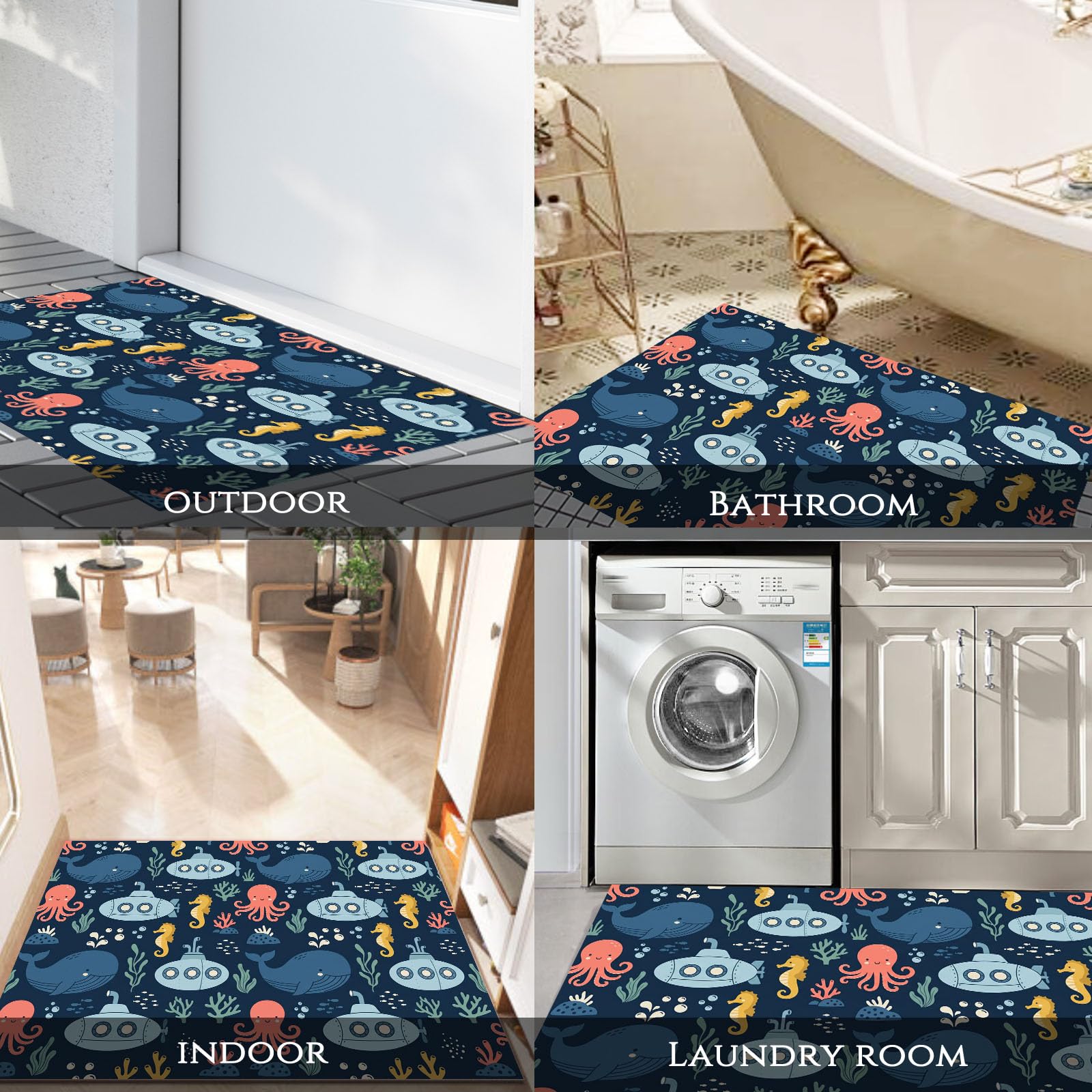 Felpudo de Entrada 60x120cm, Alfombra Vida Marina Atrapapolvo Alfombra Ballena Antideslizante Lavable, Alfombrilla con Microfibras Suaves Absorbentes para Puerta, Pasillo, Azul Marino