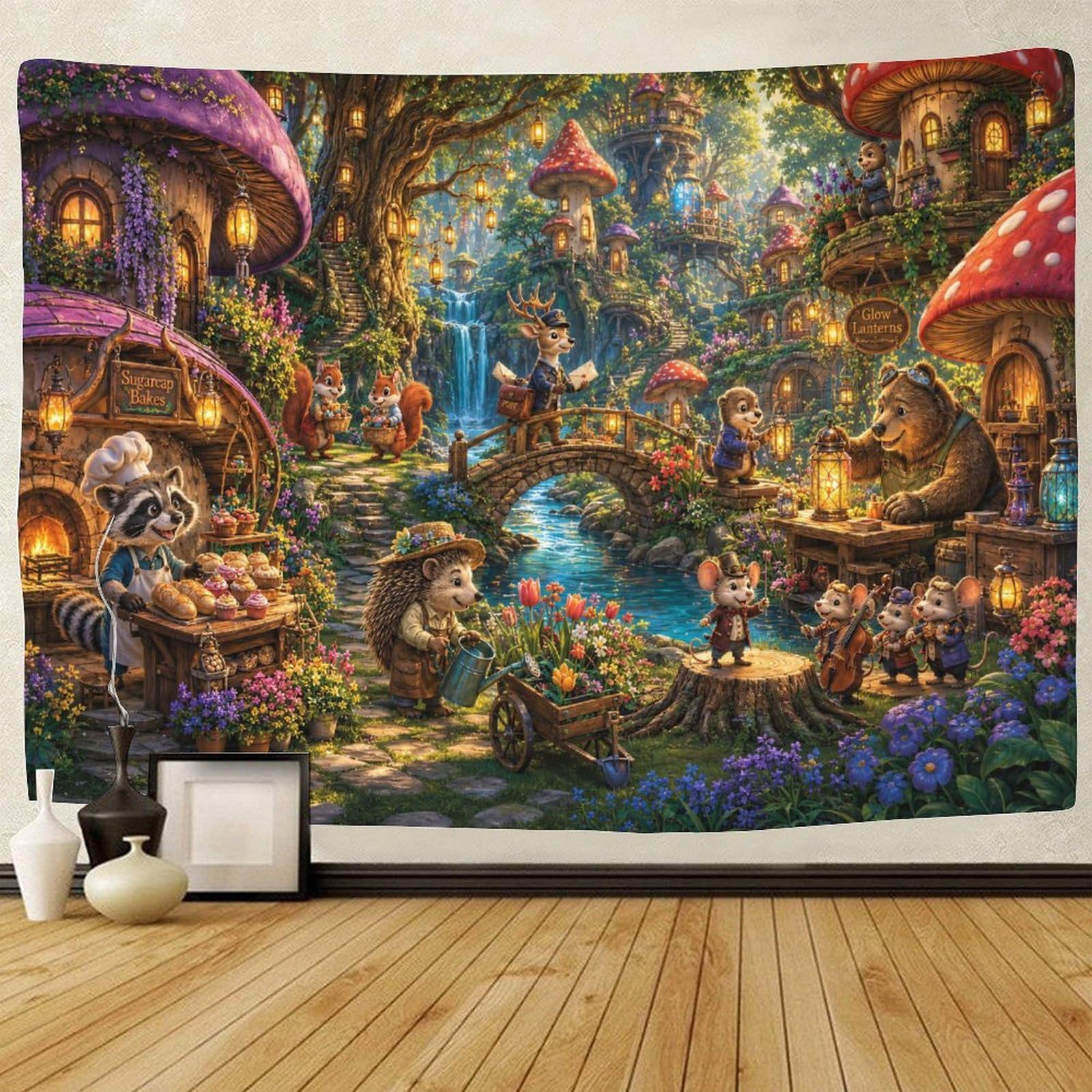 ASDFGHJKLZA Mushroom Village Animals 3D Print Wall Hanging Decor Wall Tapestry Tapestries Home Decoration Curtain Bedroom Living Room 70cmx100cm
