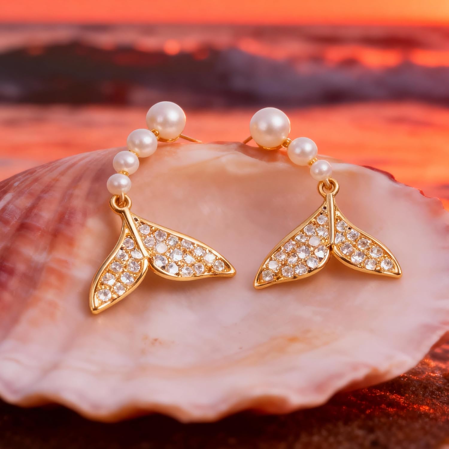 Mermaid Earrings for Women, Elegant Pearl Mermaid Scale Dangle Earrings in Gold Plated Copper - Image 5