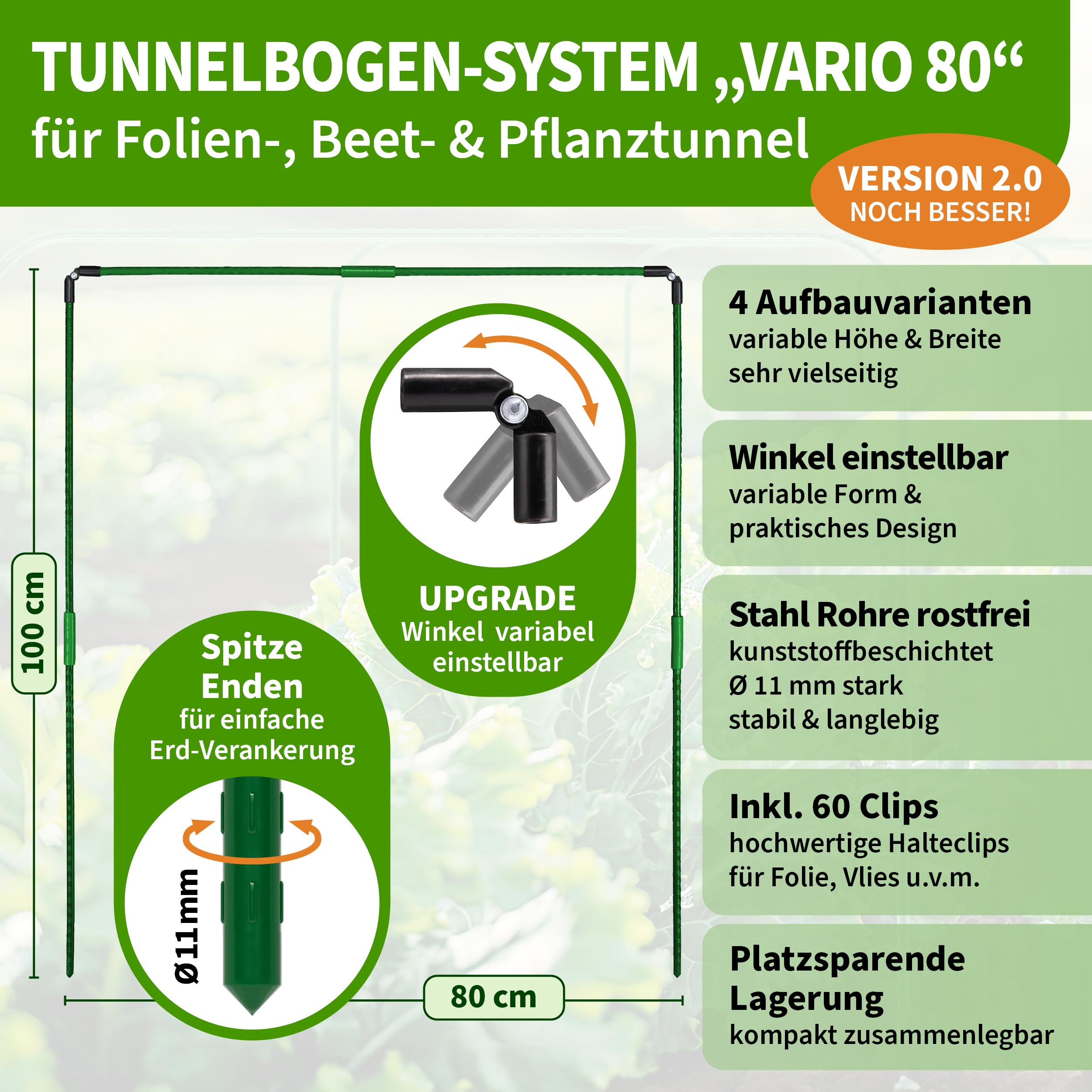 TTL GARDEN Vario 80 - Sistema de 12 túneles (12 unidades, 80 x 100 cm, 4 tamaños posibles, acero inoxidable, revestimiento de plástico, con 60 clips de sujeción)