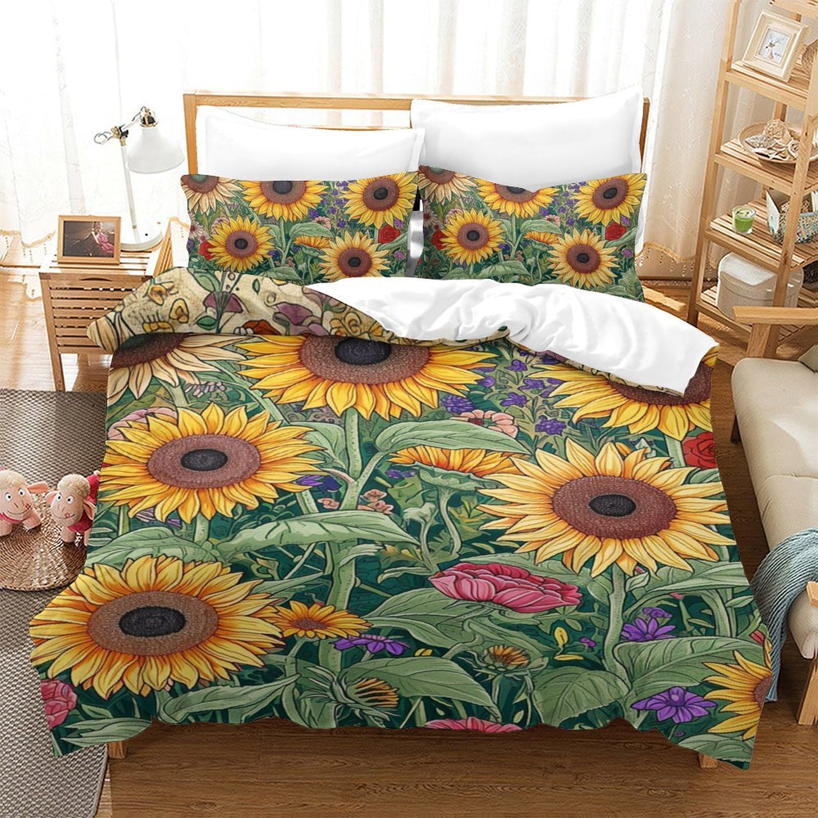 Housse de couette Tournesol 3D 140x200cm parure de lit microfibre douce