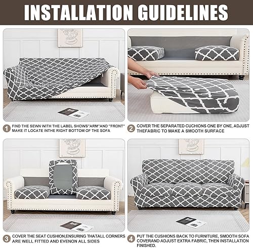 Miniatura 6 de SearchI Funda elástica para sofá, funda de sofá de 3 piezas con 2 fundas de cojín separadas, protector de muebles lavable para sala de estar (sofá