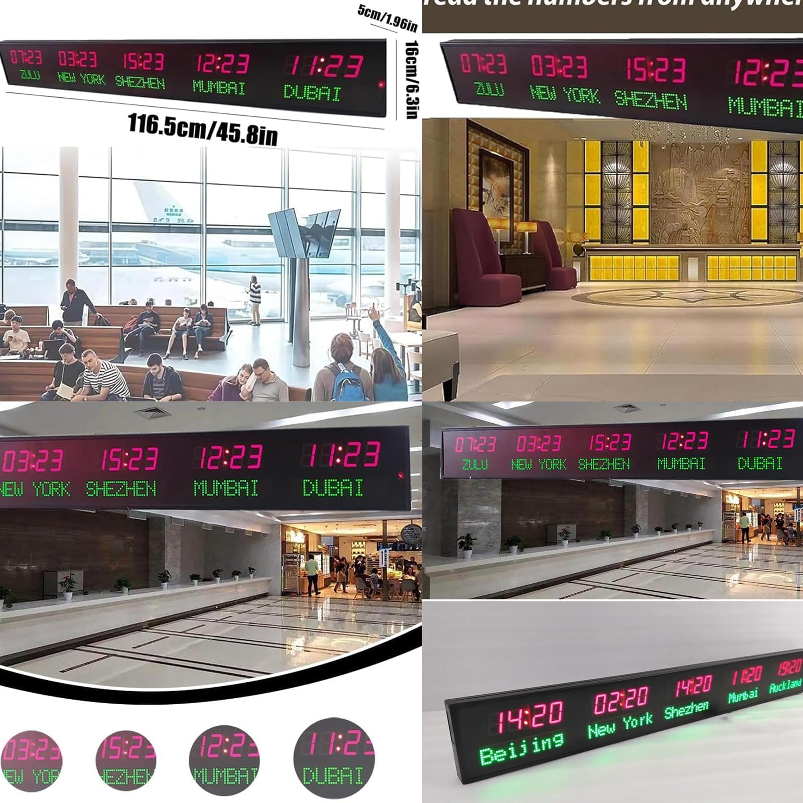 World Time Clock - Orologio da parete a LED, luminosità regolabile, multi fuso orario, in lega di alluminio, per uffici aziendali e alberghi