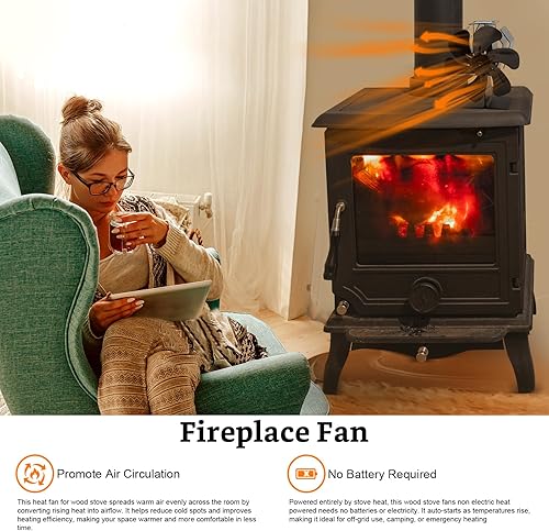 Miniatura 3 de Ventilador de estufa de leña alimentado por calor, ventilador termoeléctrico de 6 aspas de funcionamiento silencioso de aluminio con soporte fijo en