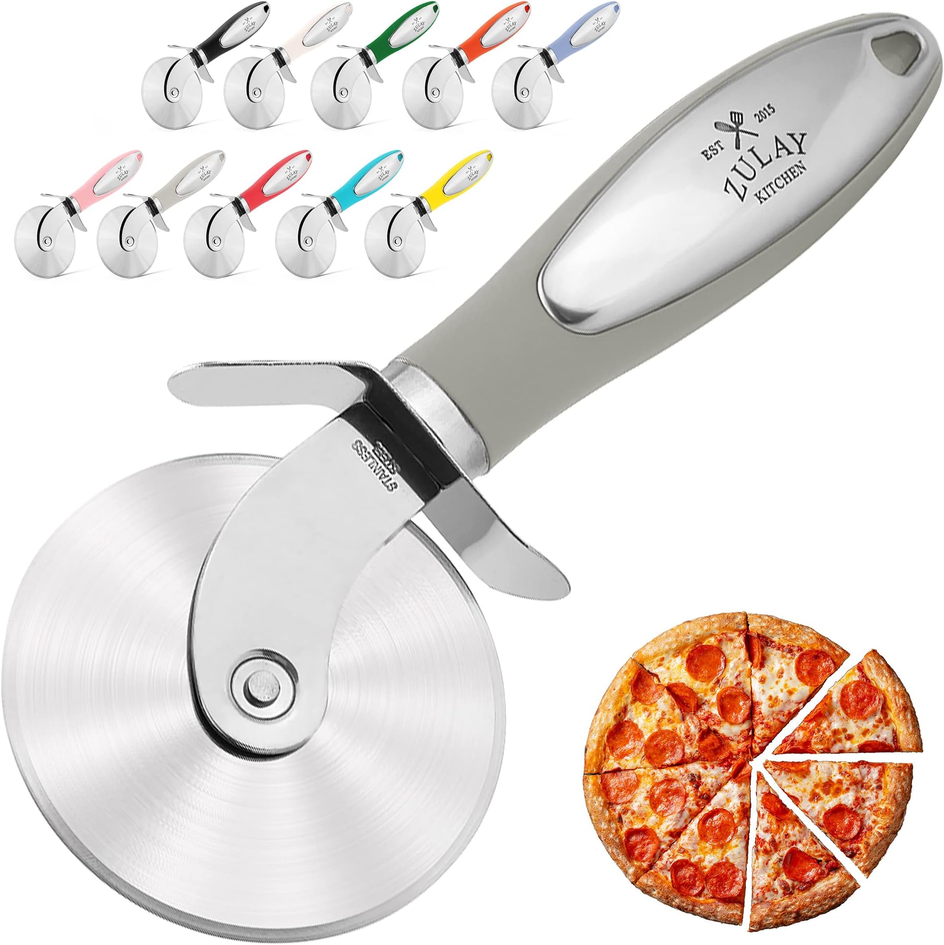 Zulay Kitchen Premium Pizza Cutter - Durable Stainless Steel Pizza Cutter Wheel - Easy-to-Clean, Easy-to-Use Pizza Slicer - Super Sharp with Non-Slip Handle - Dishwasher Safe Pizza Wheel (Grey)