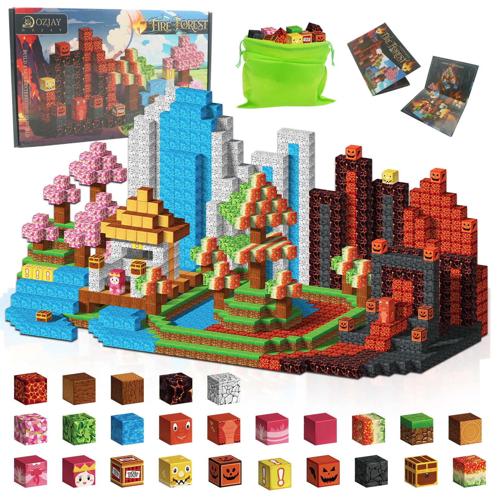 OZJAY Magnetic Blocks, 150 PCS Fire Forest Magnetic Building Blocks Toys for Kids STEM Learning Magnetic Cubes Fun Sensory Stacking Toys for Boys & Girls 3+ Christmas Birthday Creative Gift