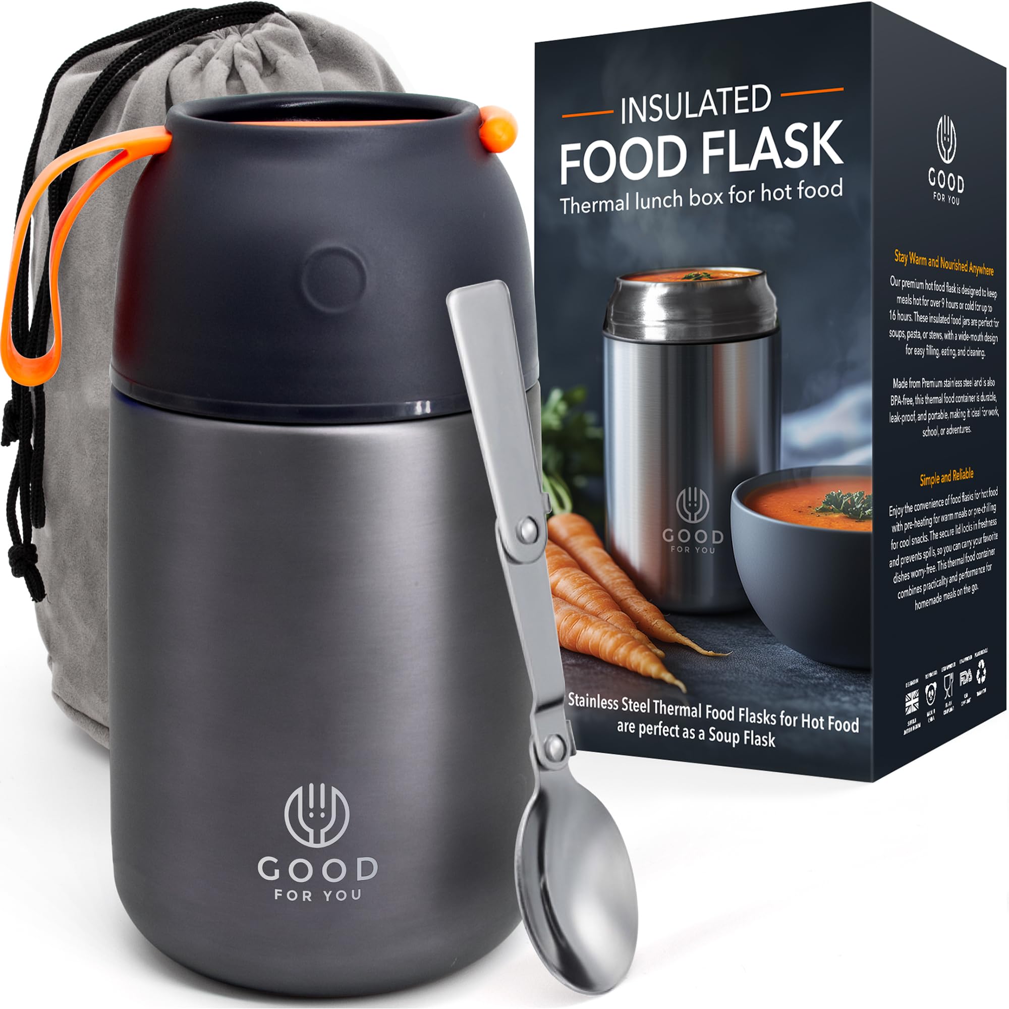 Food Thermos - Stainless Lunch Box for Hot or Cold Meals - Lunch Box for School, Office, Camping - Double Wall Insulated with Foldable Spoon and Bag - Grey