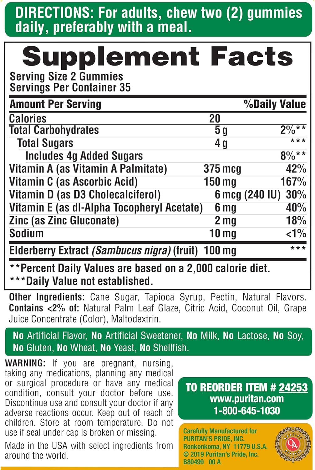 Puritan's Pride Elderberry Gummies with Vitamin C, D & Zinc, 70 Count - Image 2