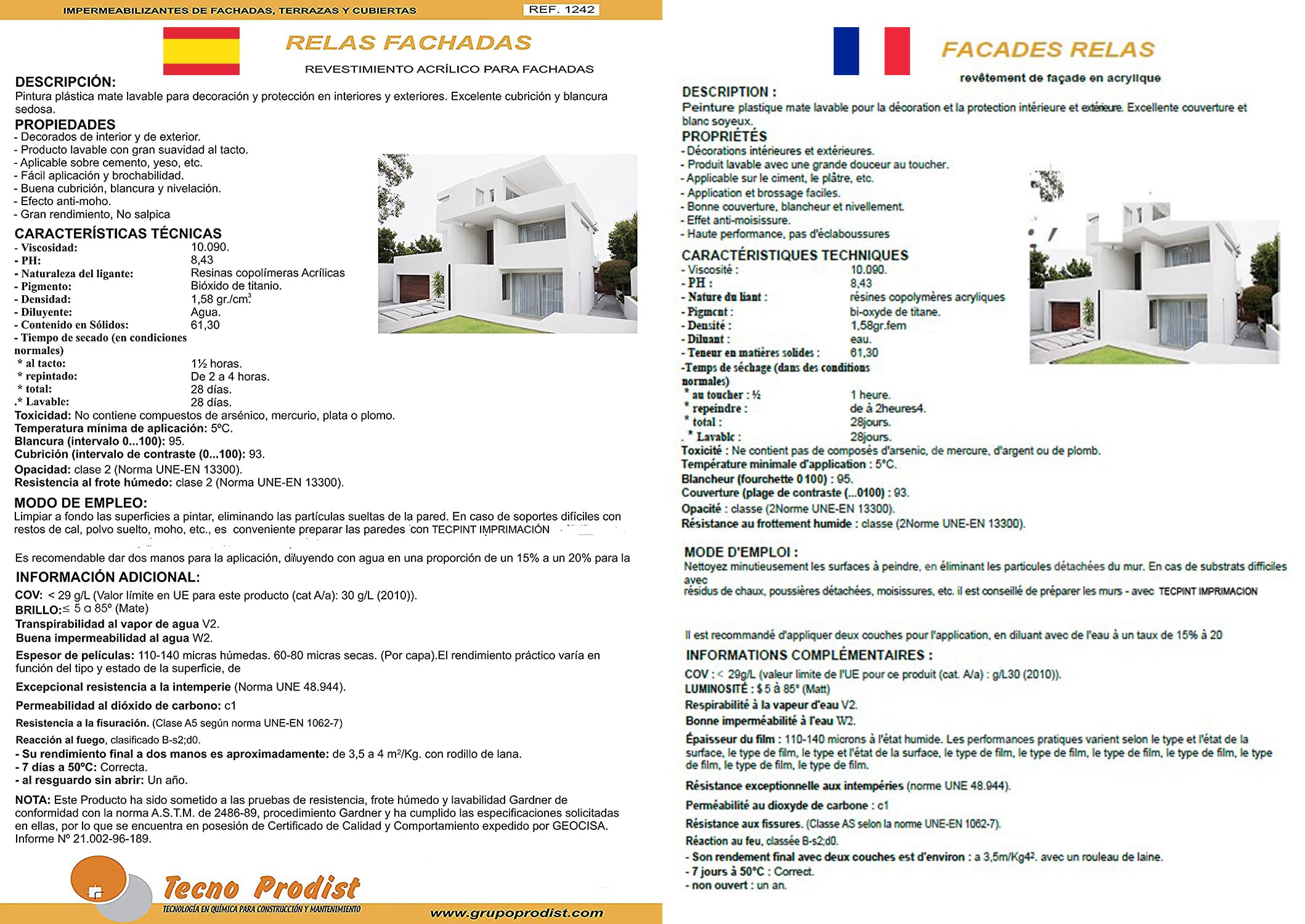 Tecno Prodist Externe de 5 Kg de peinture acrylique Blanc mat Imperméabilisant pour façades – Rouleau ou pinceau – Grande blancheur et résistance – Application facil