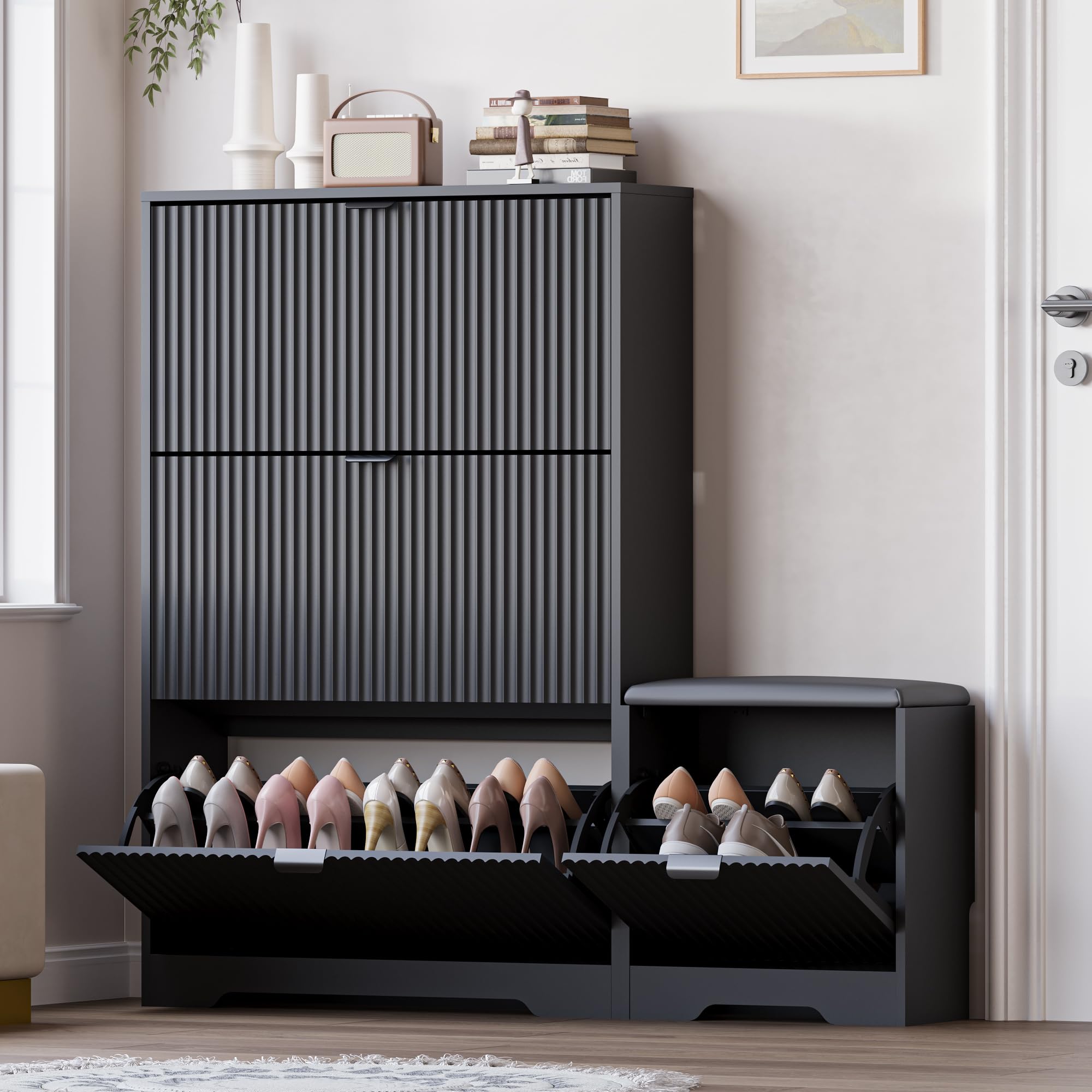 BORNOON Slim Shoe Cabinet with Bench for Entryway, Hidden Storage and Adjustable Shelves, Free Standing Wooden Shoes Organizer for Hallway, Foyer