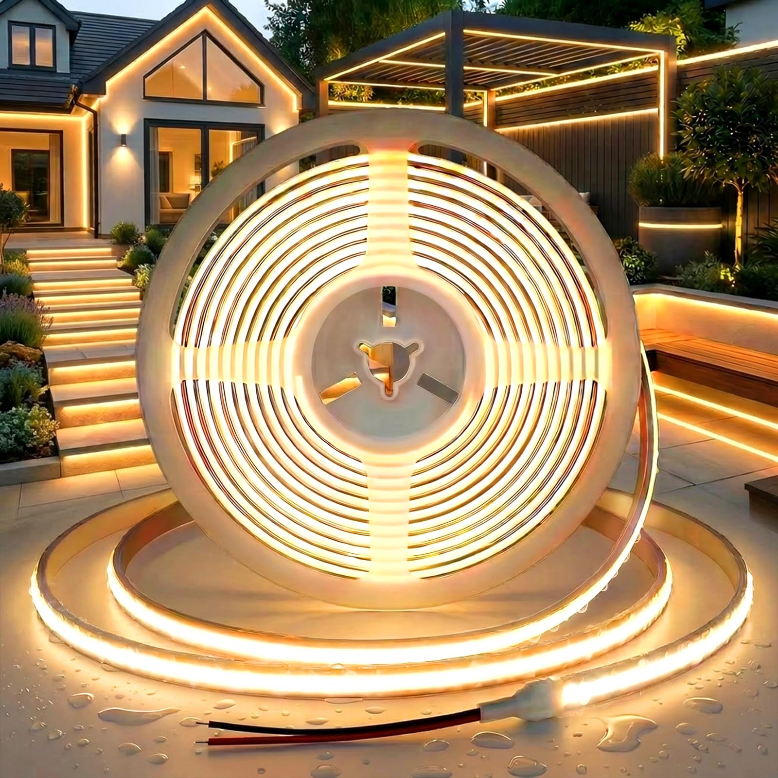 KISBNW 12V COB Strip Light Waterproof IP65, 5M Outdoor LED Strip Lights Warm White 3000K, Dotless Super Bright Tape Light Self-Adhesive Rope Lights for Cabinet Kitchen Indoor Decor(No Power Supply)