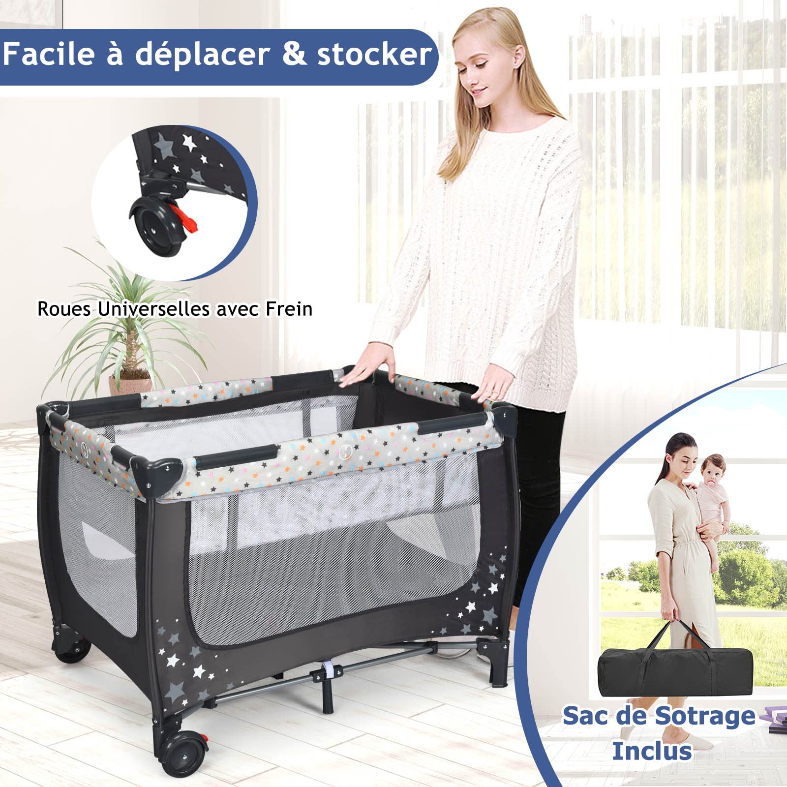 DREAMADE Lit Parapluie Bébé 2 en 1 avec Matelas Lit Voyage Pliable 120x65 CM avec Matelas&2 Roues avec Freins,Charge 15 KG,0-36 Mois(Gris)
