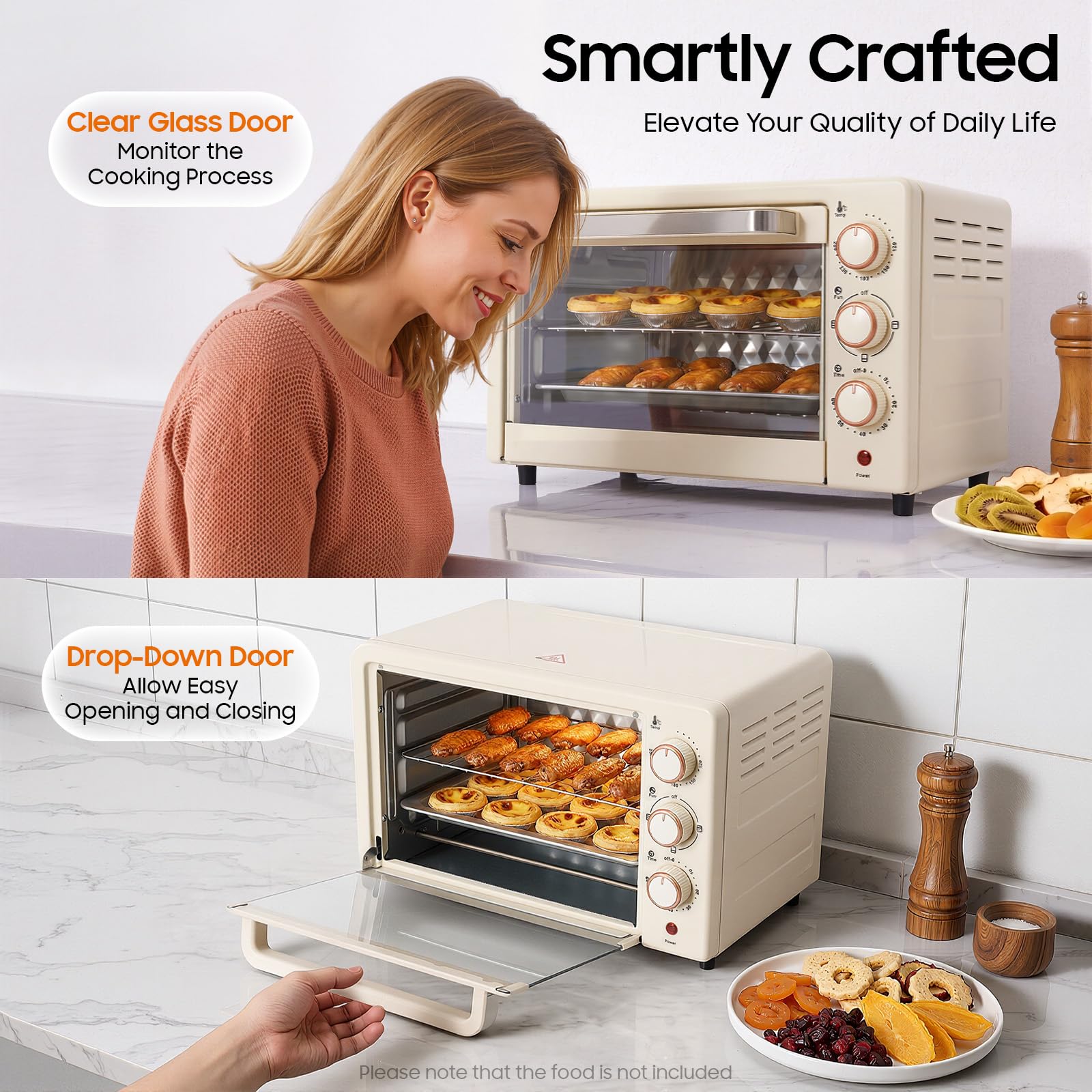 Mini four électrique, 22 l, avec chaleur de voûte et de sole, minuterie de 60 min, température 120-250 °C, petit four, 1000 W, avec poêle et grille, blanc