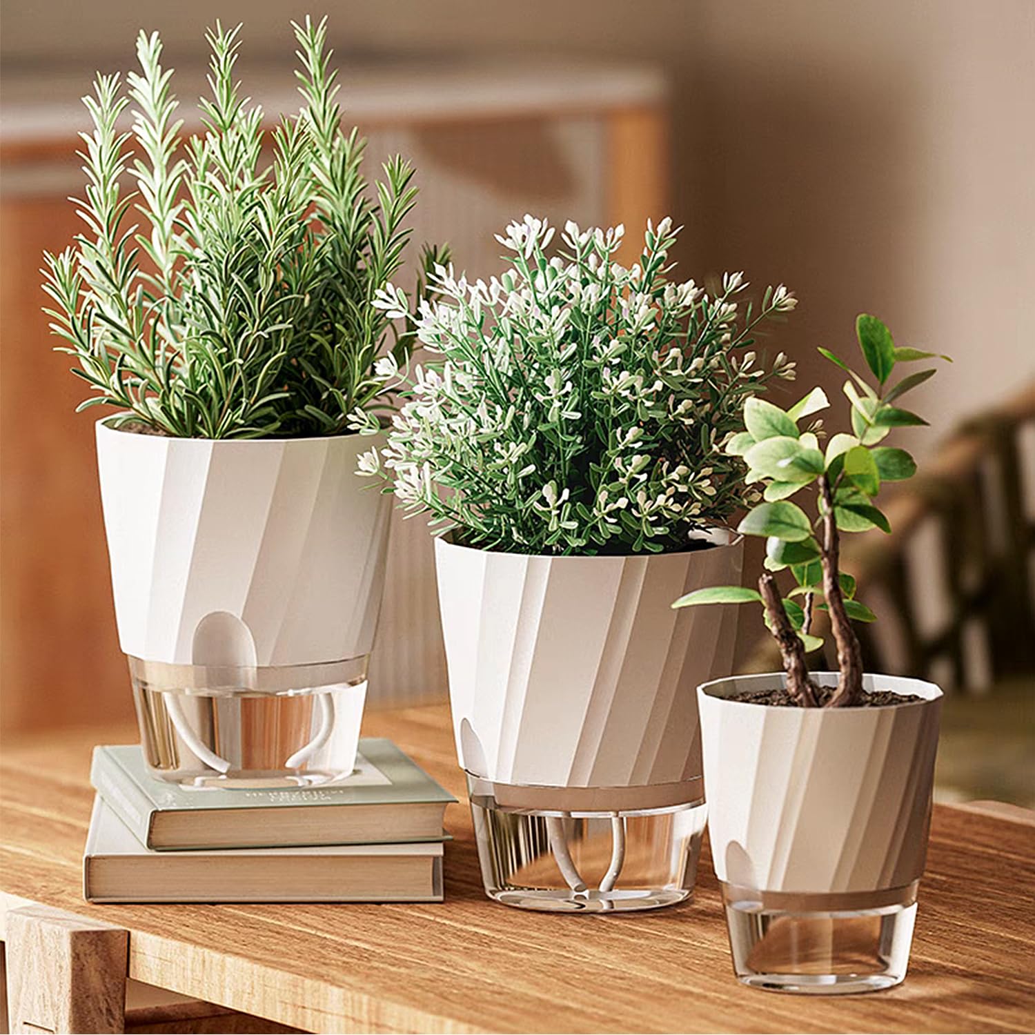 ROLMZJX 4 vasi autoinnaffianti da 20/15/12 cm, grandi vasi autoirriganti con corda di cotone stoppino, vaso in plastica con grande contenitore d'acqua per piante da interno, fiori, erbe aromatiche