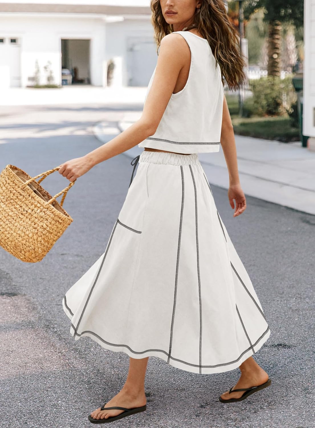 Yanekop Womens Skirt Sets 2 Piece Outfits Casual Summer Sets Vacation Matching Lounge Set Midi Skirt and Top Set 2025 - Image 4