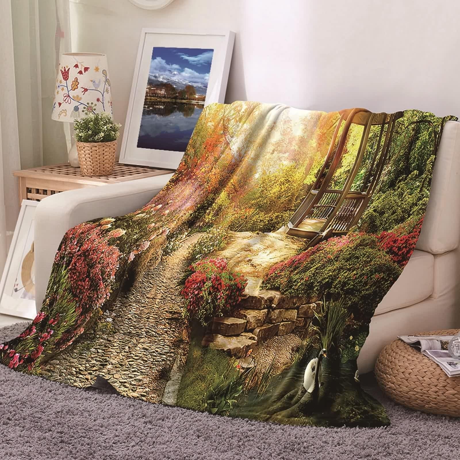 AMDXD Red Throw Blanket for Bed, Flannel Blanket Gift Green Yellow Flower Path Pavilion Couch Throw Blanket Living Room 150X200CM(79X59In)