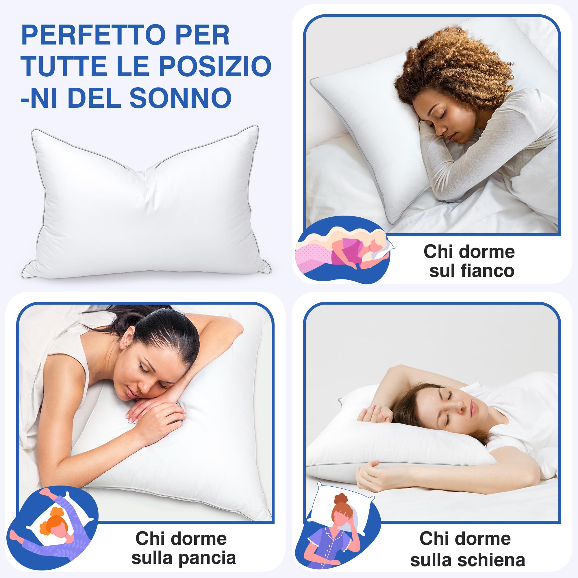 Cuscini in piuma di lusso TESQ 50x70 cm con triplo strato di comfort, cuscini letto igienico di alta qualità, imbottitura soffice e morbida al 100%, Antiacaro, Anallergico, Traspirante