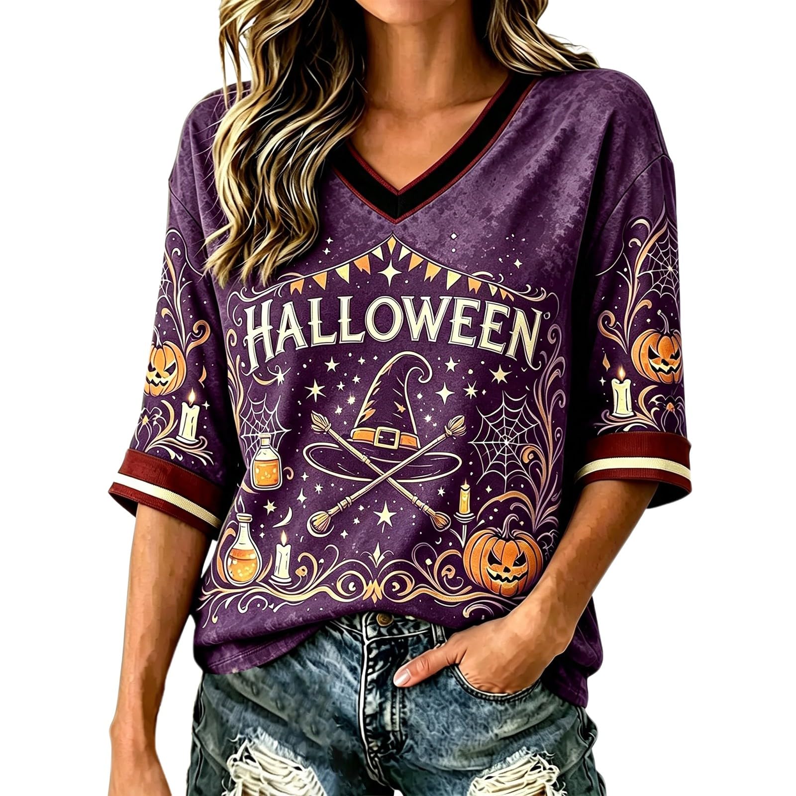 Salem Broom Co Halloween Shirts Women 3/4 Sleeve Vintage Witch Tops Funny Halloween Costumes Casual V Neck Witch Tee Shirts Novelty Fashion Festival Party Clothes (Z02-Purple, XXXL)