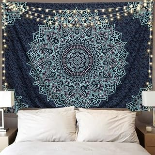 Edeesky Black Blue Mandala Tapestry Wall Hanging - Boho Hippie Aesthetic Vintage Decor for Bedroom Dorm Living Room