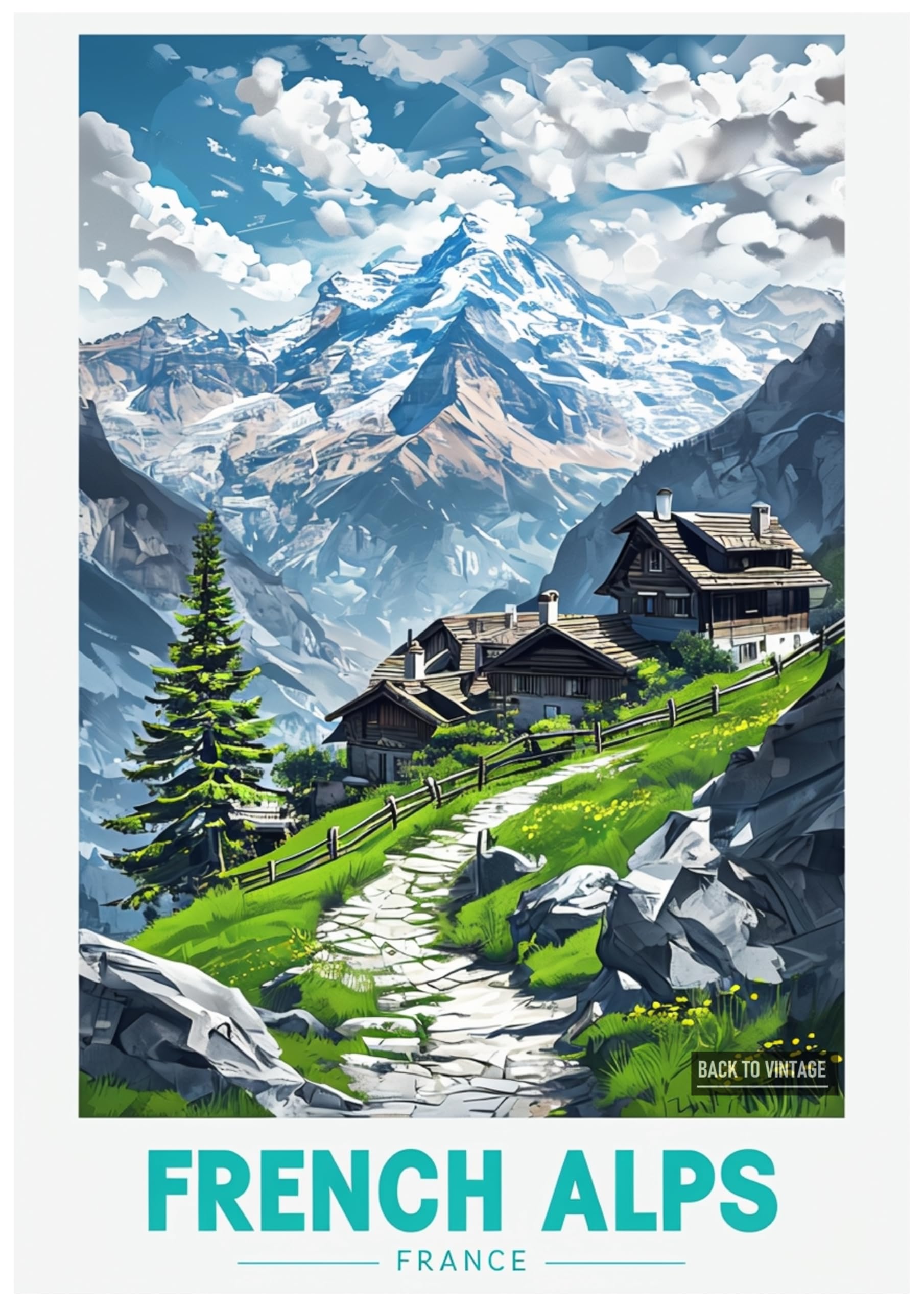 Back To Vintage Multicoloured Serene French Alps Landscape With Charming Wooden Houses - Retro Europe Travel Poster A4 Size Vintage Wall Art Print Of Famous European Destinations Ideal For Home Or Office Decor