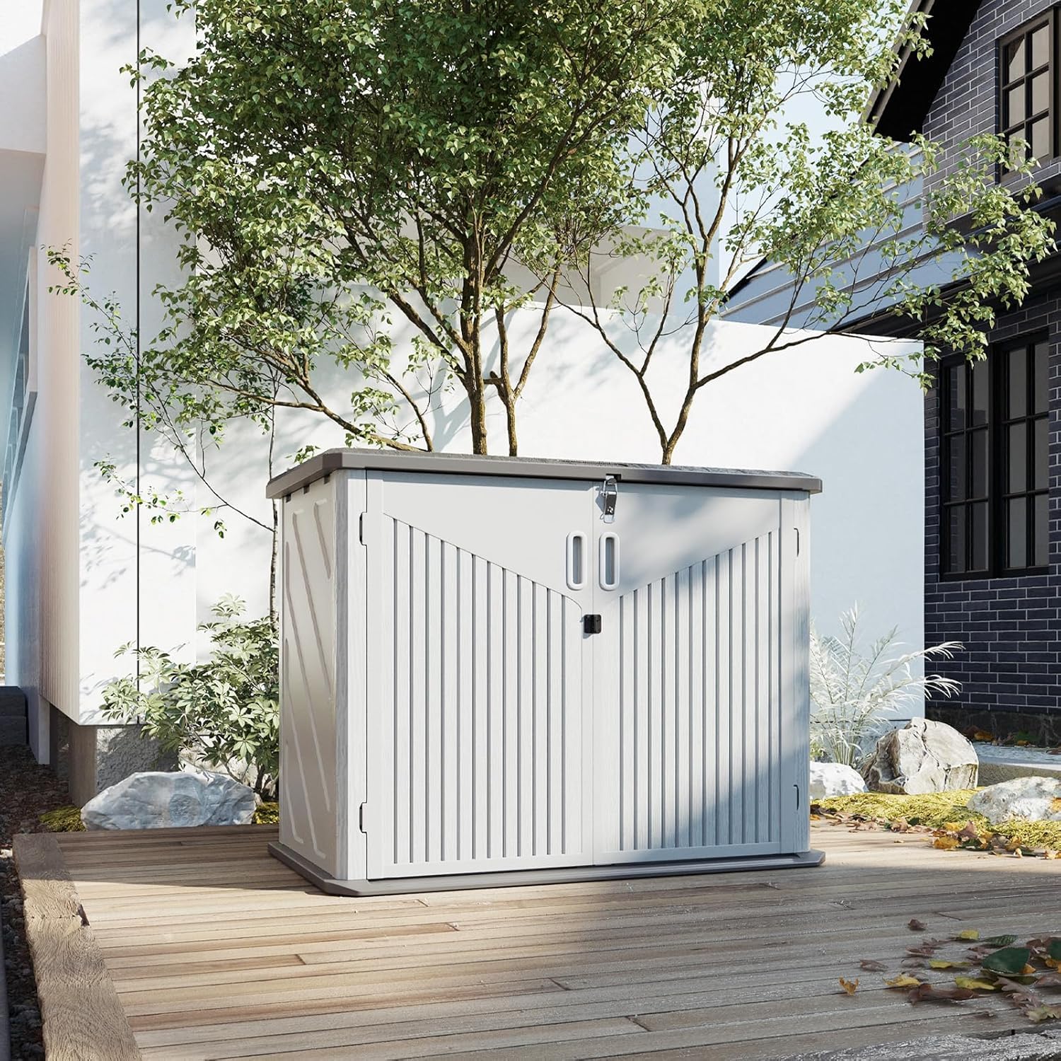Aoxun 900L Resin Outdoor Storage Box, Waterproof Garden Tool Storage Cabinet with Anti-Topple Base, Heavy Duty Horizontal Wheelie Bin Shed Box for Patio, Backyard & Side Alley - 1