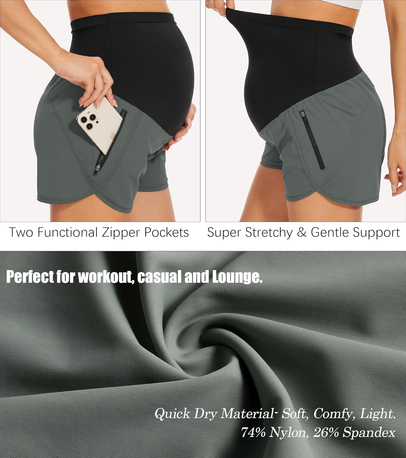 PACBREEZE Women's Maternity Shorts Over Belly Quick Dry Workout Athletic Running Shorts with Zipper Pockets - Image 4
