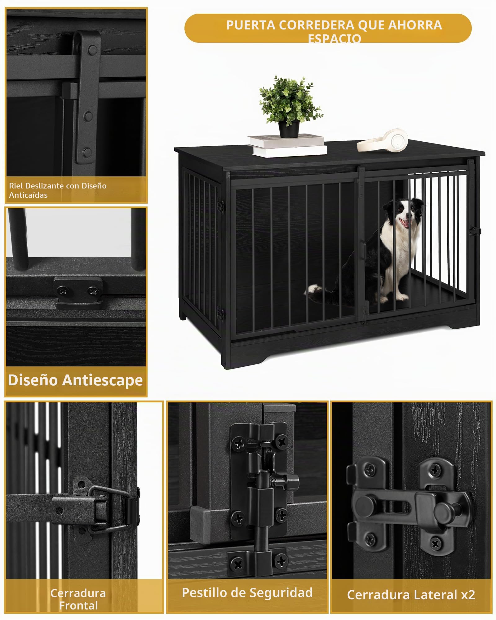 Hzuaneri 100cm Jaula para Perros, Mesa Auxiliar, casa Moderna para Perros, Jaula para Cachorros, dúplex para Animales, 2 Puertas, 60 x 100 x 68 cm, Negro DFC02304B