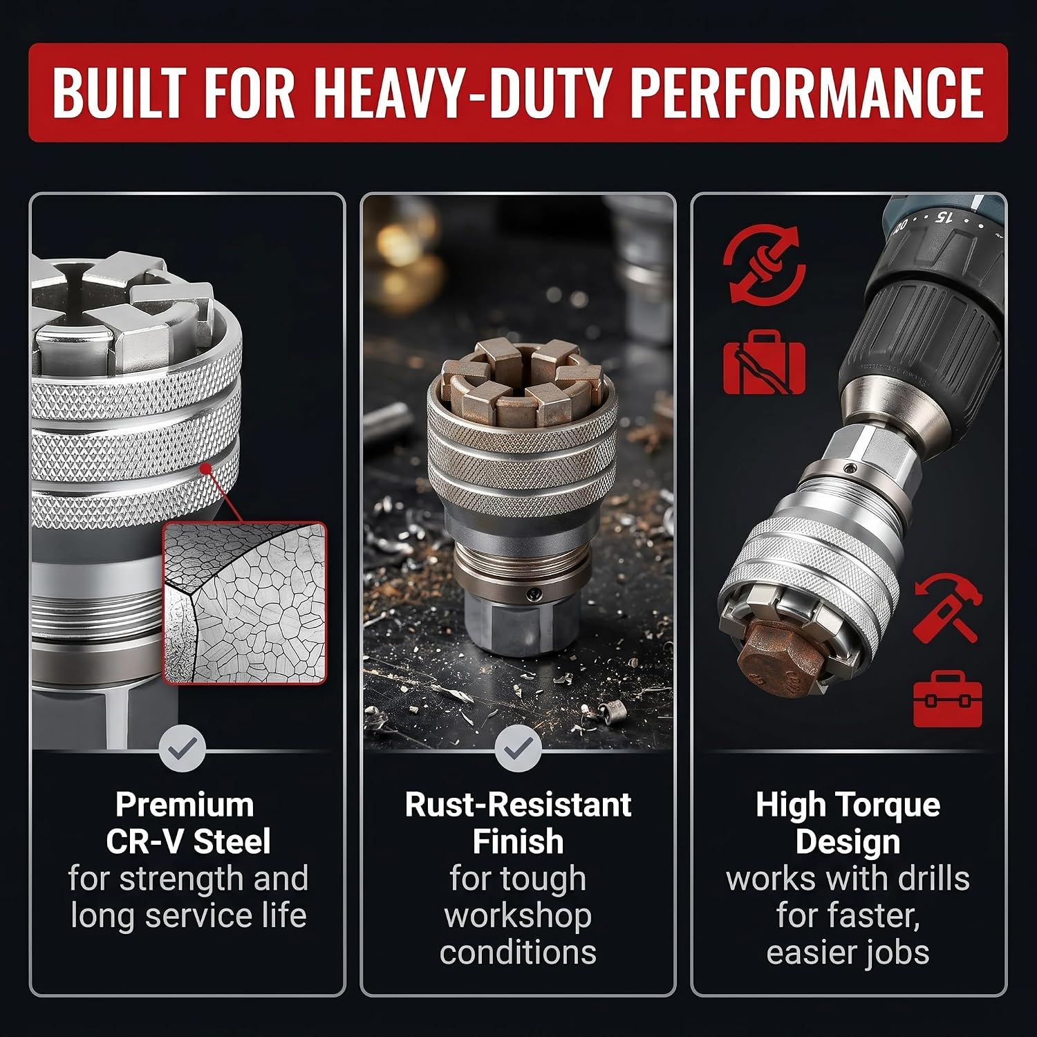 Upgraded Adjustable Universal Socket Wrench, 10-19mm Multi-Functional Socket Tools, Fits 3/8" Drive Ratchet, Torque Wrench & Power Drill, One-Hand Operation for Auto Home Repair