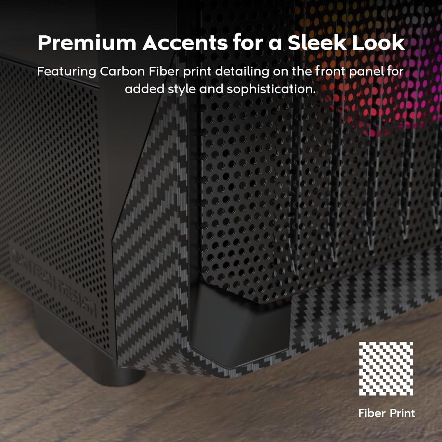 Close-up of carbon print accents on the PC case