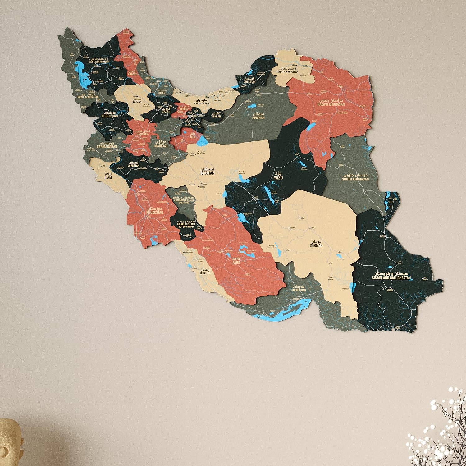 Colorfull Worlds Wooden Map of Iran Wall Art – Multilayered 3D UV Printed MDF Country Map Decor for Persian Iranian Homes – Housewarming Gift
