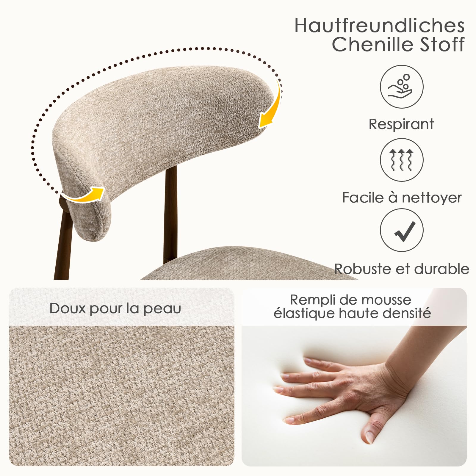 Lot de 4 Chaises de Salle à Manger, Chaises de Cuisine en Tissu Chenille, Fauteuil Salon Rembourrée avec Cadre en Métal en Noyer pour Salle à Manger Salon Cuisine Terrasse, Camel