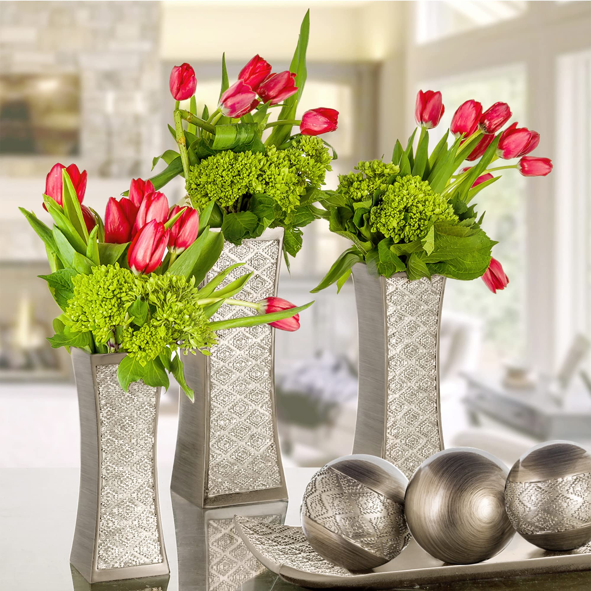 Dublin Lot de 3 vases à Fleurs – Centre de Table pour Table de Salle à Manger, vases décoratifs pour Salon, Chambre, Cuisine et Plus Encore emballés dans Un Coffret Cadeau (Argent brossé)