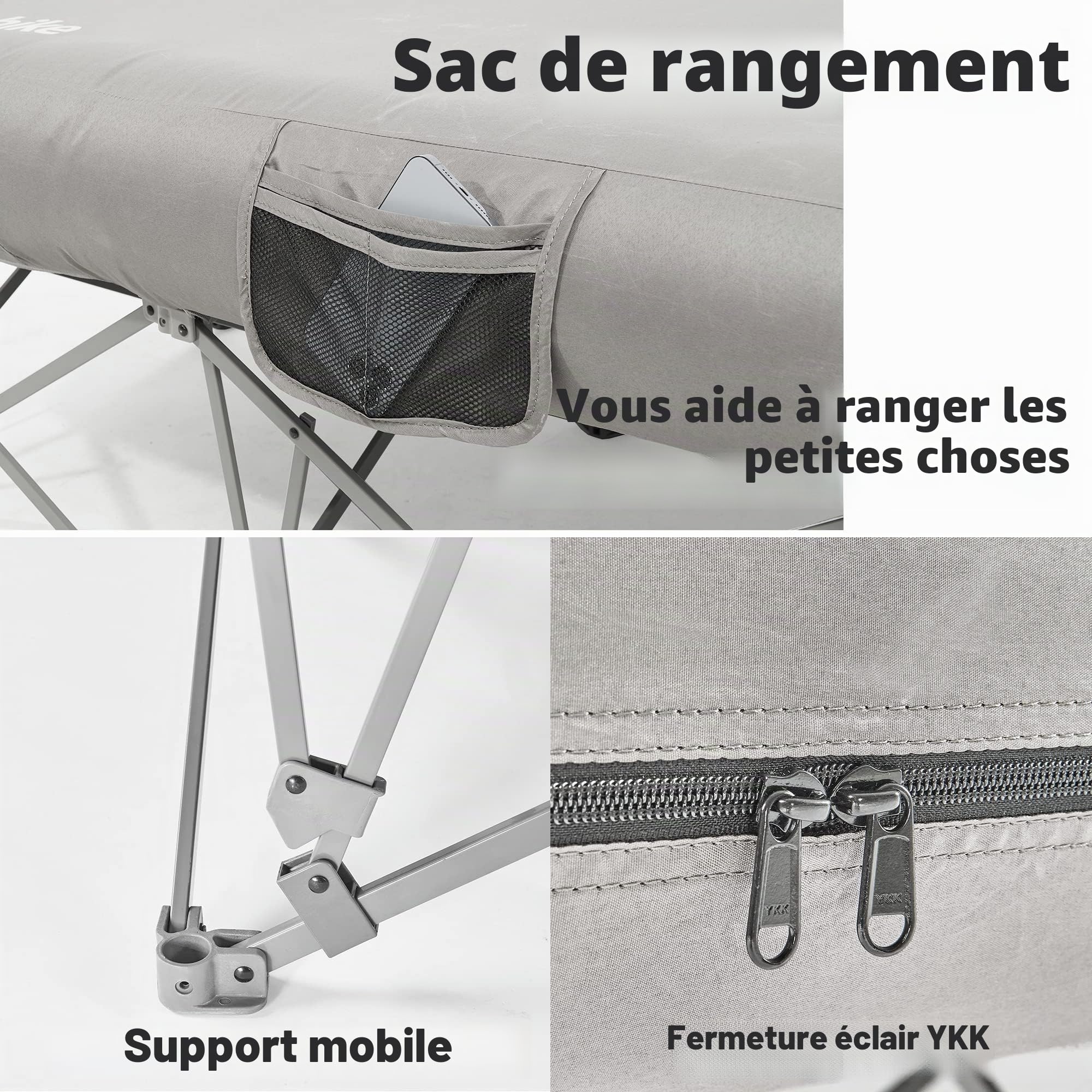 Naturehike Lit de camp pliable pour 2 personnes, cadre de lit de camping pliable pleine taille avec poche latérale et sac de transport, matelas gonflable uniquement non inclus dans la livraison