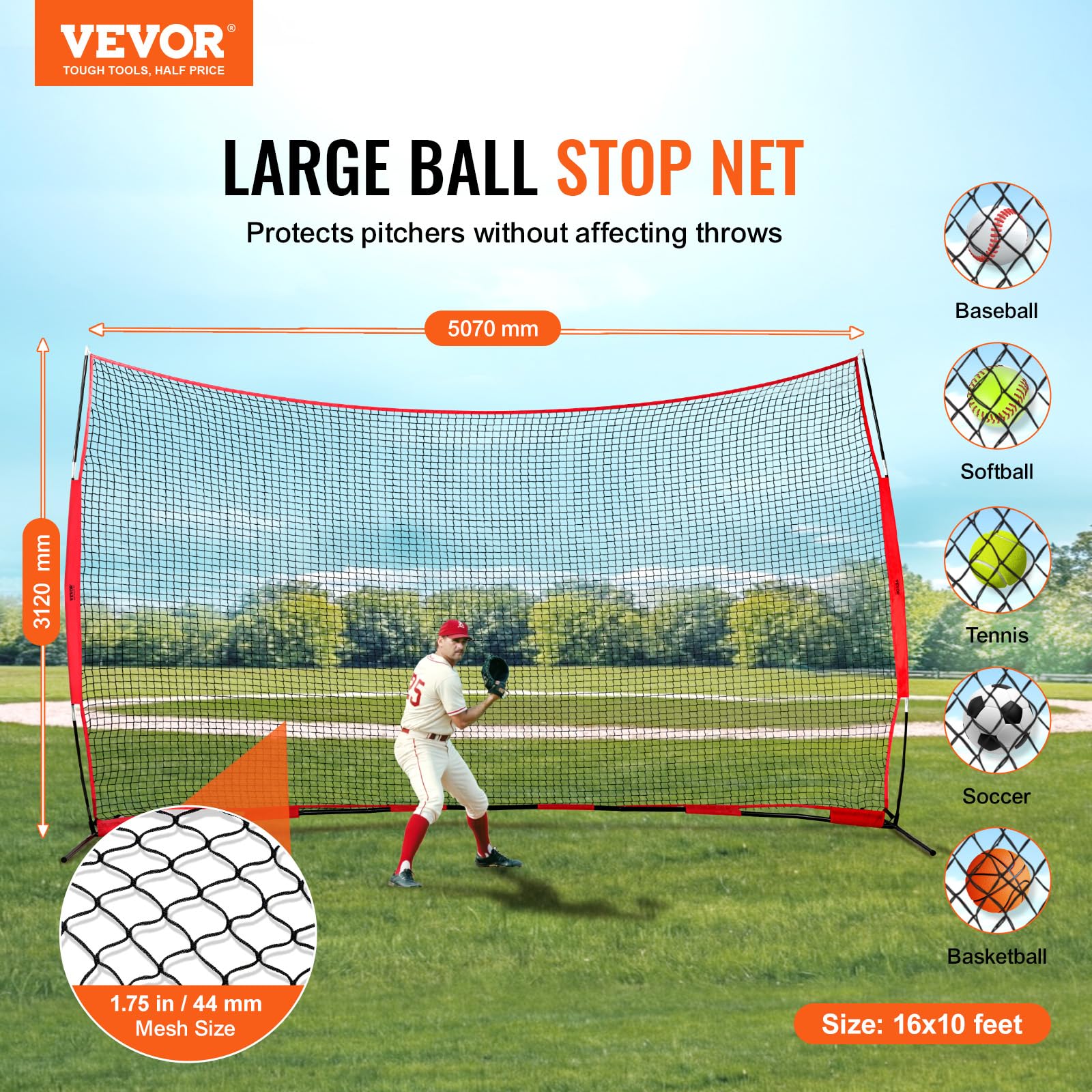 VEVOR Barricade Backstop Filet de Protection Portable avec Sac de Transport, écran de Protection pour Baseball, Softball, Lacrosse, Football, Hockey, pour arrière-Cour
