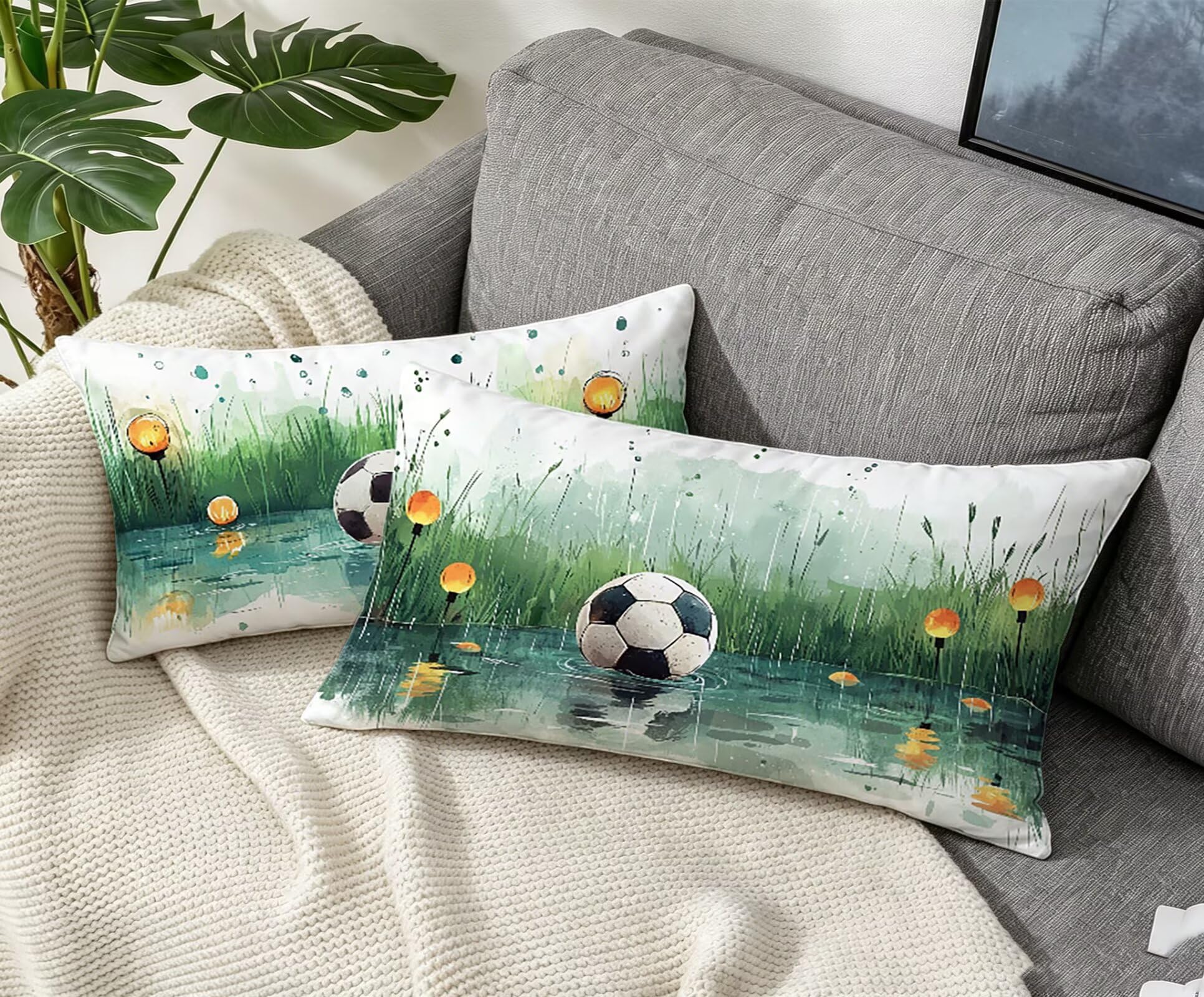 GrüN Kissenbezug 60x80 FußBall Kopfkissenbezug 2er Set,Wohnaccessoires & Deko,Weich und Atmungsaktiv Samt Stoff mit Verstecktem Reißverschluss für Bett Sofa Kissen Dekokissen-85607