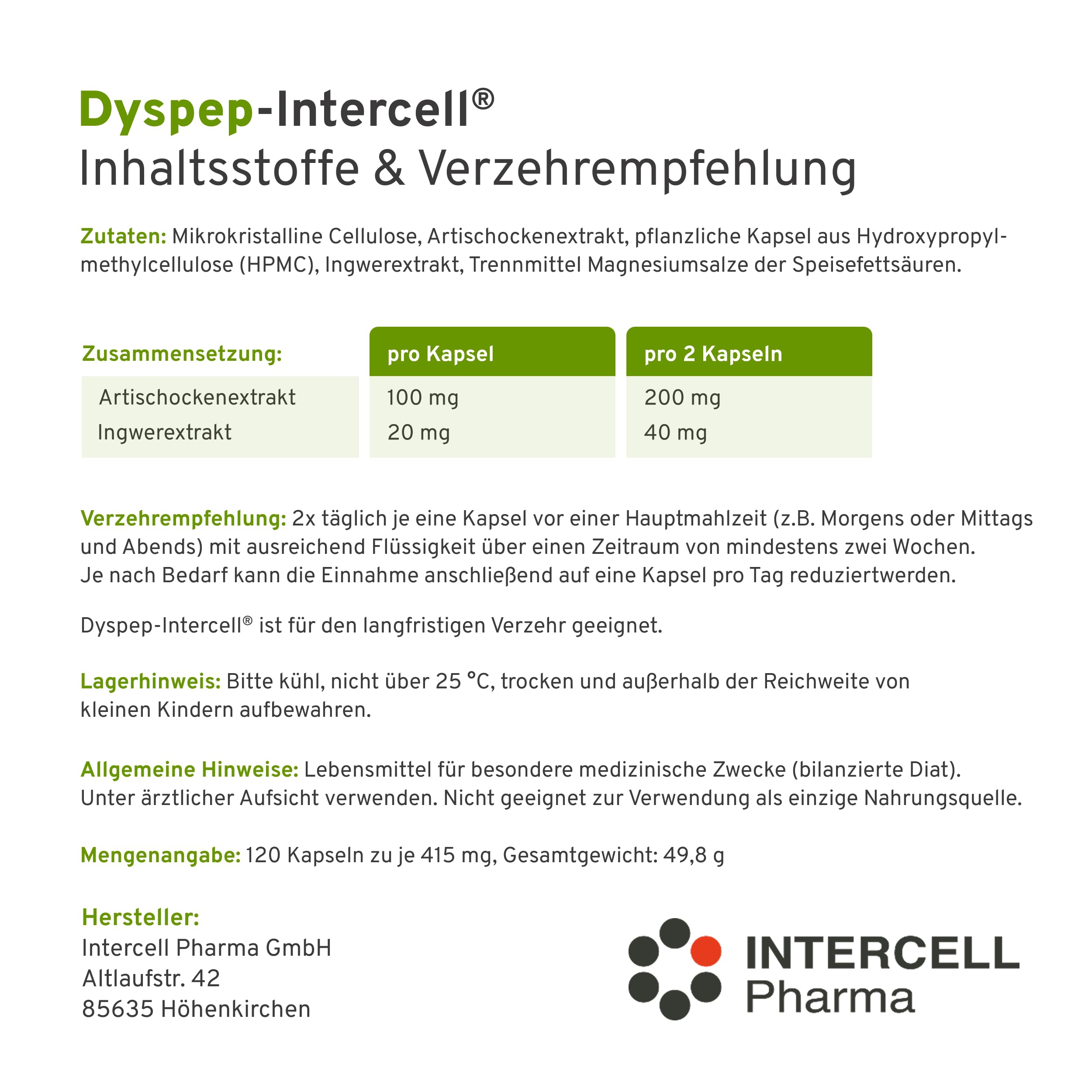 Dyspep-Intercell (60 Kapseln) - Patentierter Artischocke & Ingwer Komplex - Zum Diätmanagement bei funktioneller Dyspepsie (Reizmagen) - Schonende CO2-Extraktion für hochdosierte Bitterstoffe