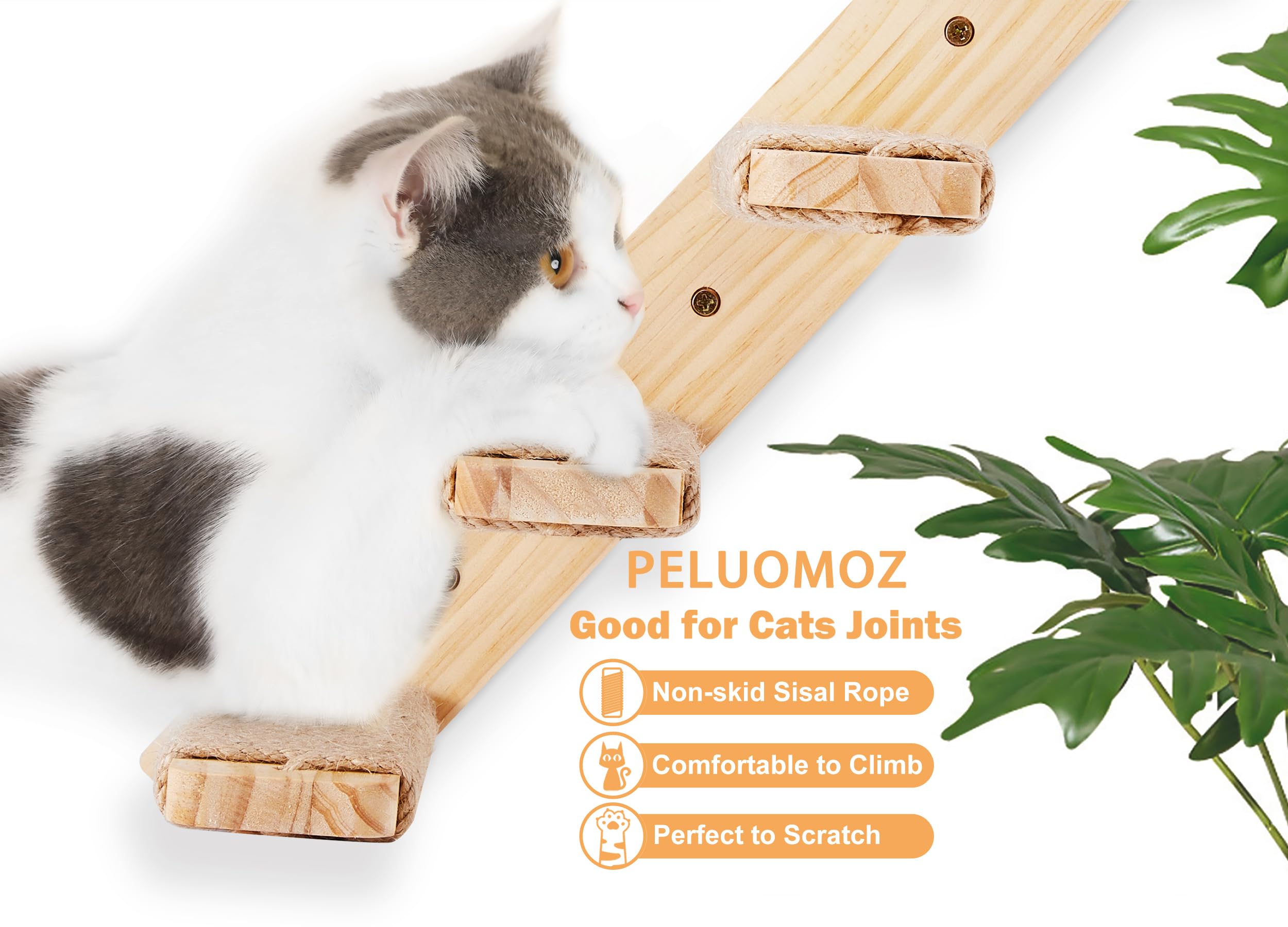 1PC Wall Mounted Cat Climbing Shelf, Wooden Four Steps Cat Stairway Reversible Left & Right Direction with Sisal Rope - Image 4