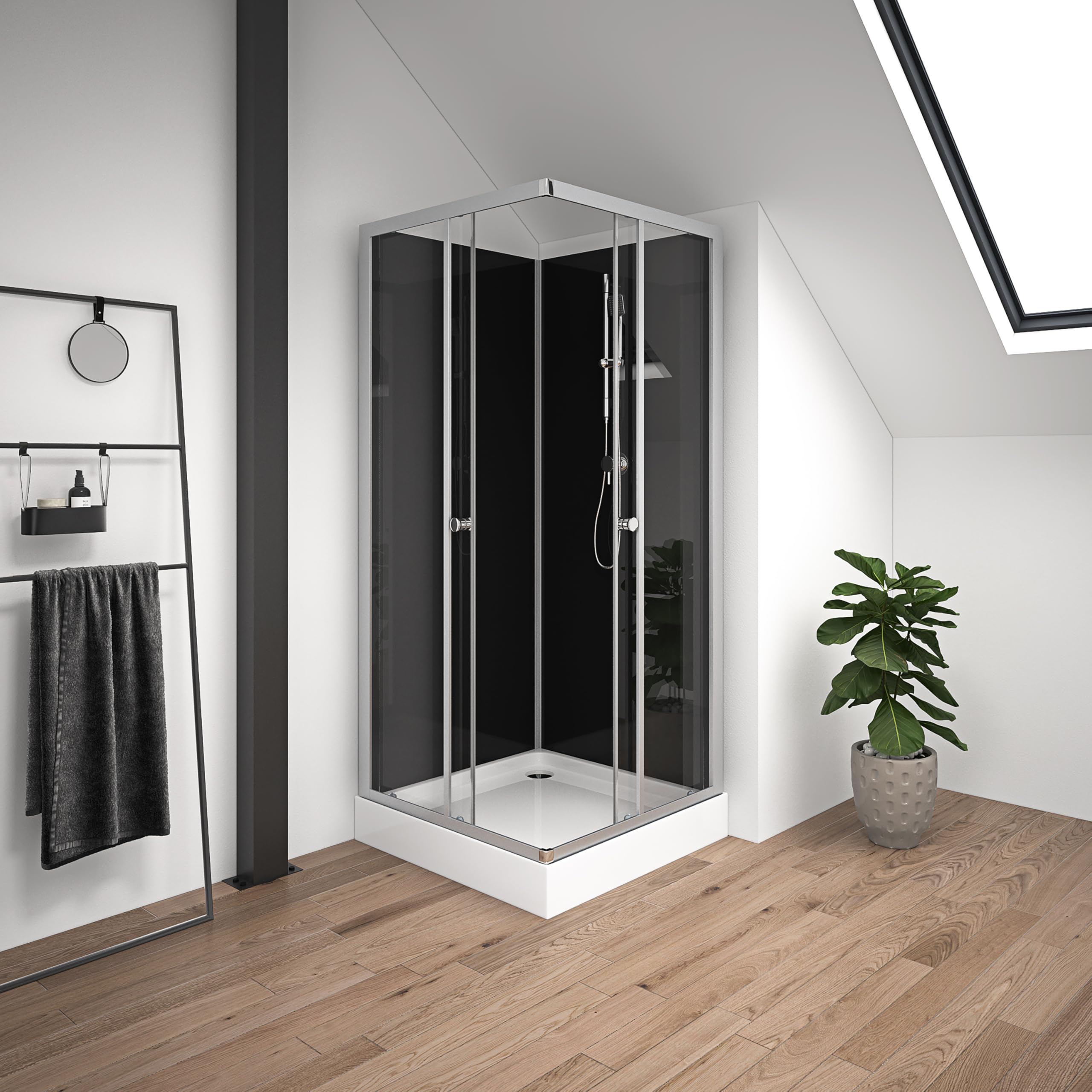 MARWELL Kompletny prysznic Black Reef – kabina prysznicowa 80 x 80 x 195 cm – z eleganckim wejściem narożnym i wygodną wysokością wejścia 15 cm – stylowy kompletny zestaw