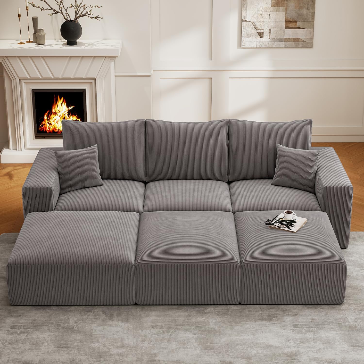 113" Boneless Cloud Sofa Accessories - 40" Square Ottoman Footstool for Sofa, Corduroy Pouf with Plush Foam Filling, Fluffy Movable Foot Rest for Living Room, Beige