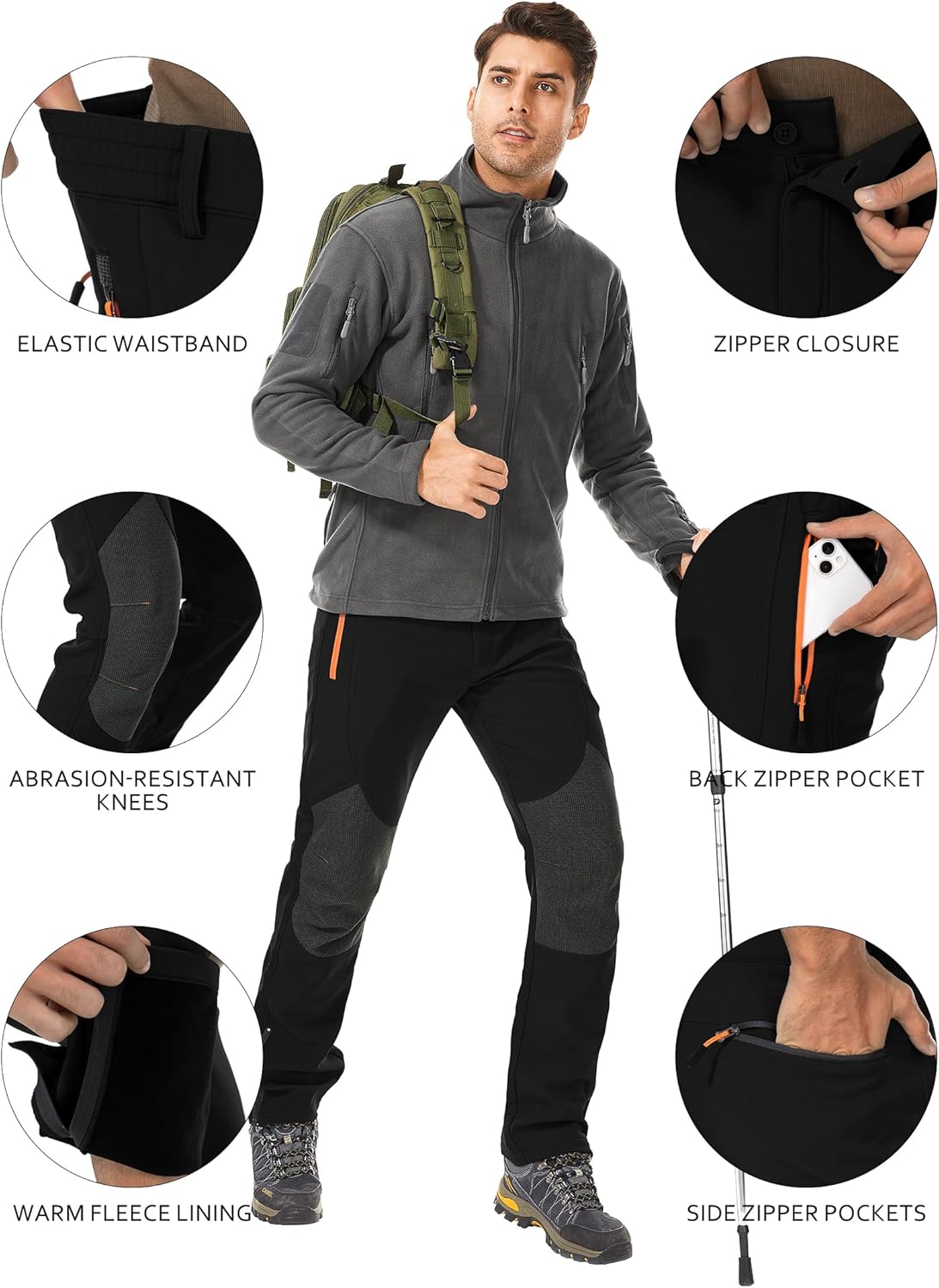 Men's Snow Ski Fleece Winter Pants Lightweight Outdoor Waterproof Windproof Softshell Hiking Tactical Lined Cargo - Image 2