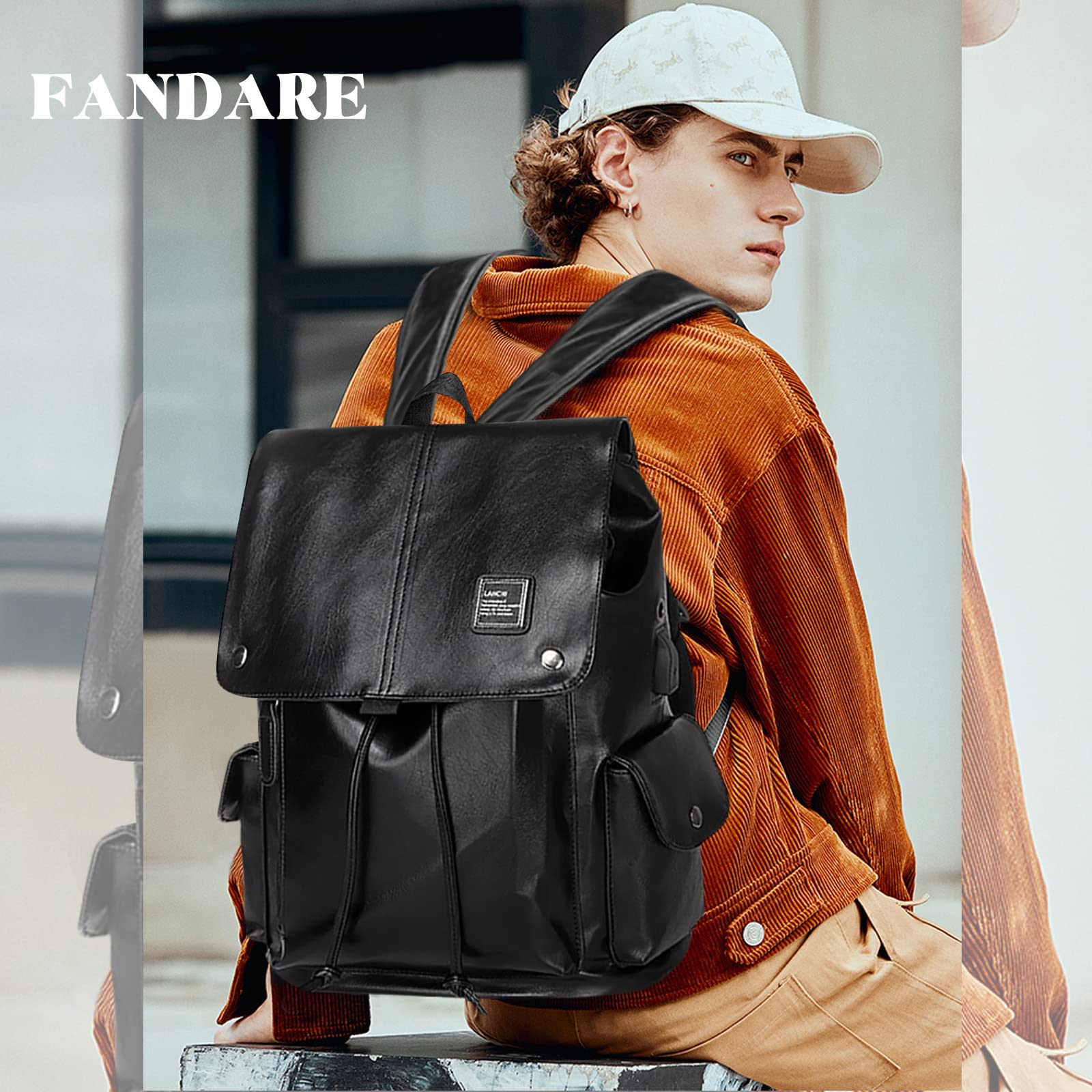 ADITAM Zaino Impermeabile PU Daypack con USB per Laptop da 15,6 Pollici Ragazzi College Bag Uomini Field Pack High School Bag Zaino Outdoor Viaggi Campeggio Escursionismo Zaino Fanteria Pack Marrone