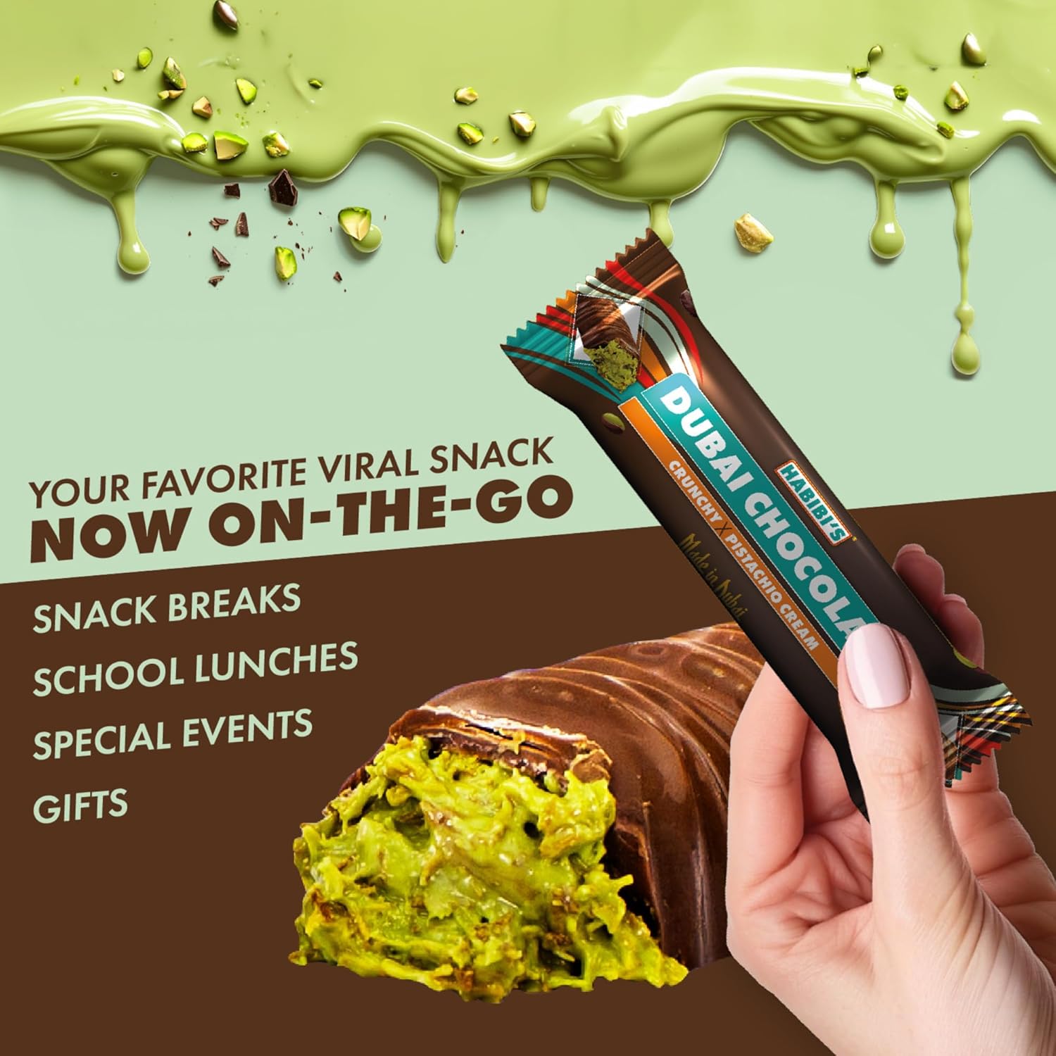 Habibi’s - Dubai Chocolate Bar (12 Pack) | Authentic Middle Eastern Dessert | Gourmet Chocolate Pistachio Treat | Premium Pistachio Cream Filling | Made in Dubai | Halal Certified Dessert