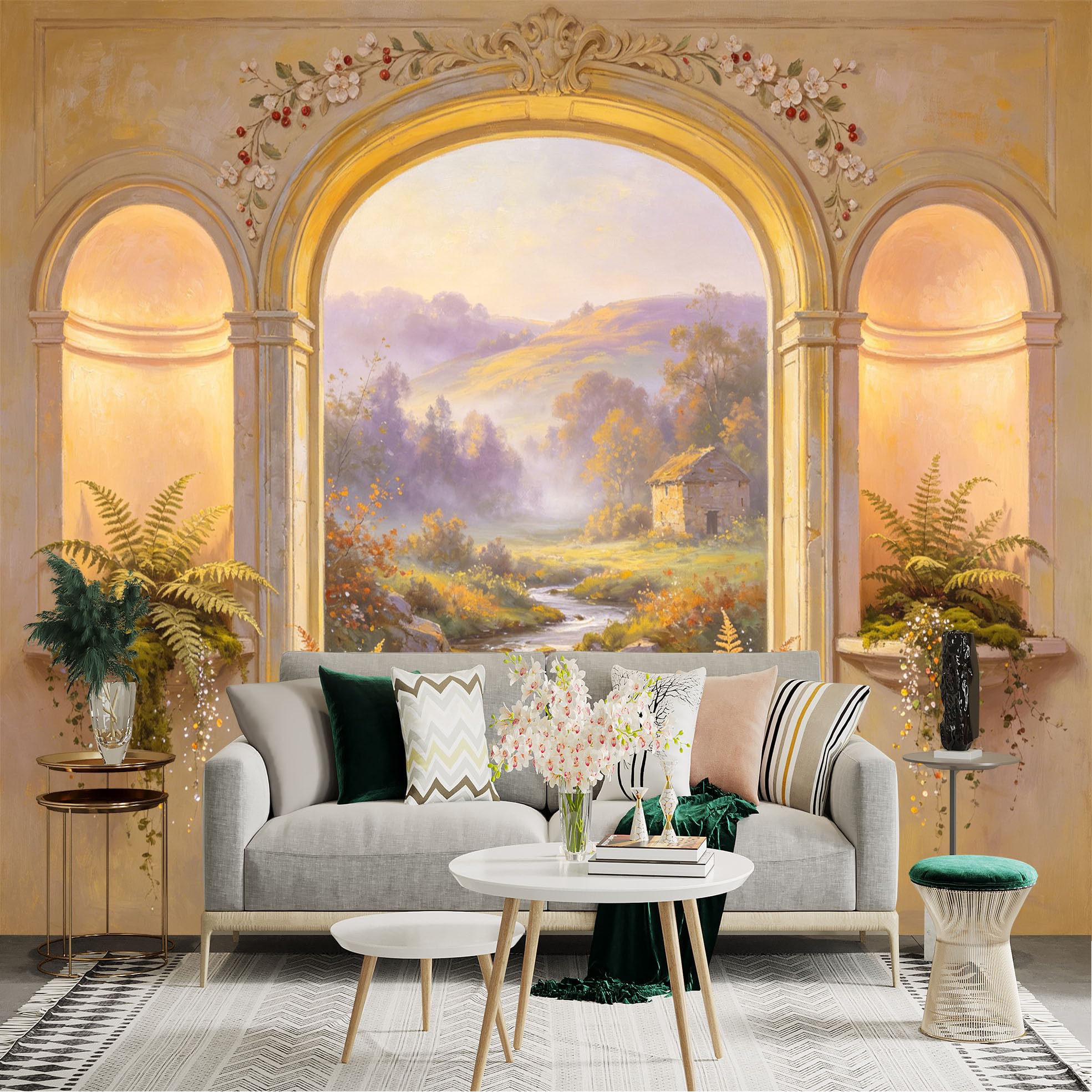 Custom Size Wall Sticker Mural， Countryside View with Cottage， River and Sunlit Hills Through Vintage Arch Window， for wall Decoration， peelandstick wall Decals.