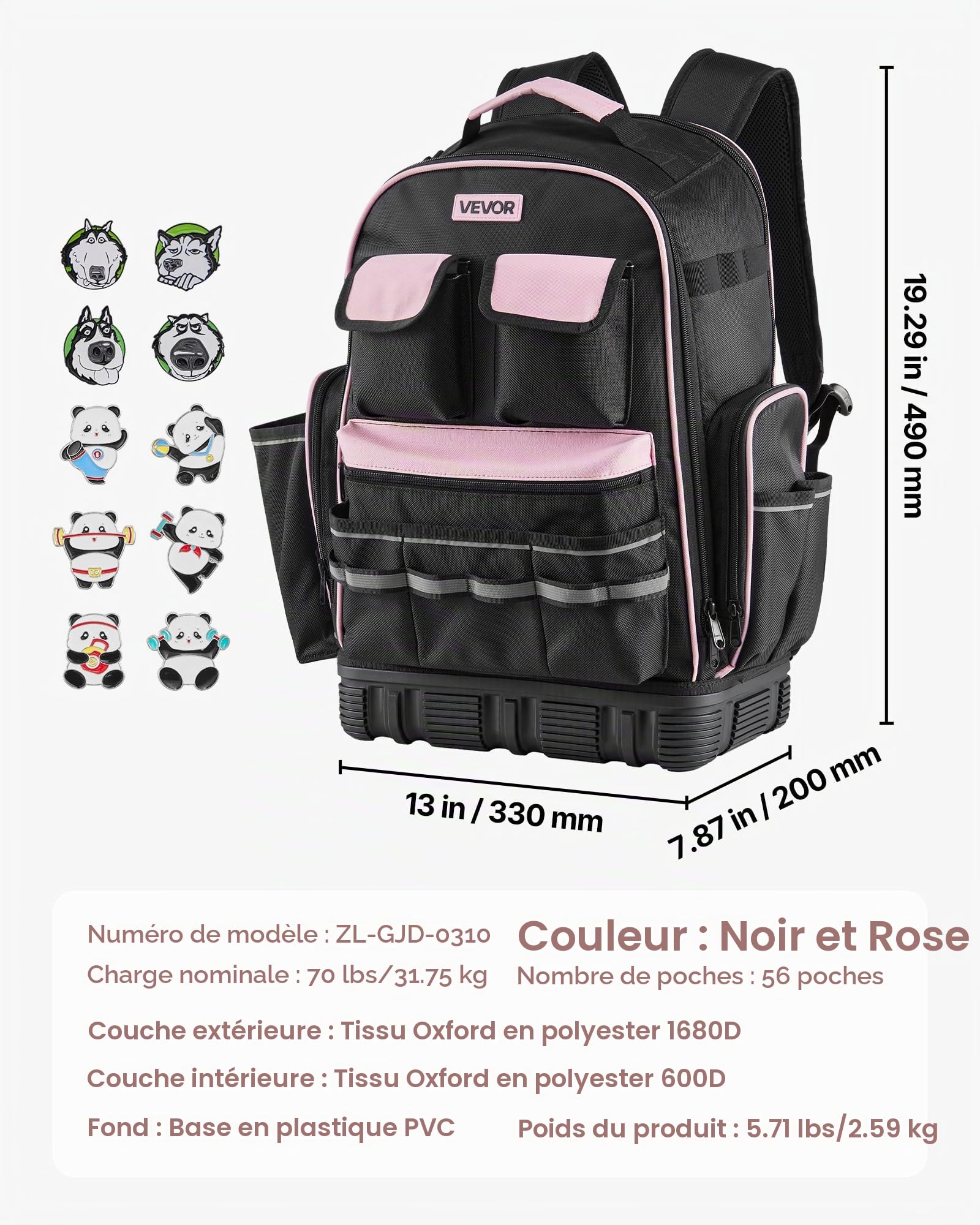 VEVOR Sac à Dos à Outils, Charge 31,75 kg, Sac à Outils, 33x20x49 cm, avec 56 Poches, Compartiment Ordinateur Portable, Base, Organisateur à Outil Robuste pour Chantier, Électricien, Réparateur CVC