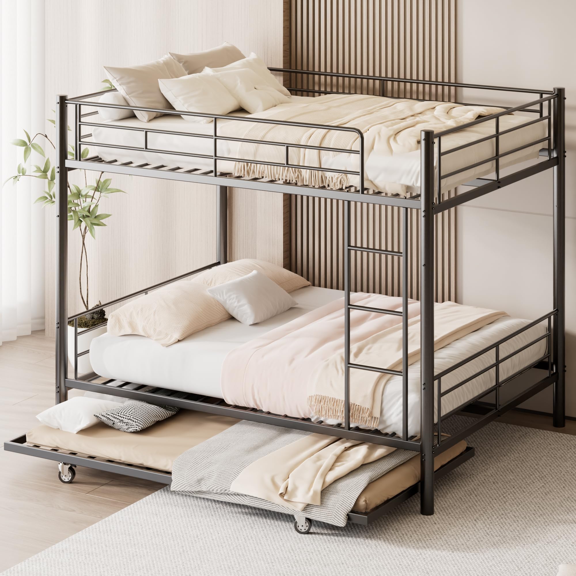 Mixcous Full Over Full Bunk Bed with Trundle, Heavy Duty Metal Bed Frame with Full-Length Guardrails & Ladder, 3-in-1 Convertible Full Bunk Bed,