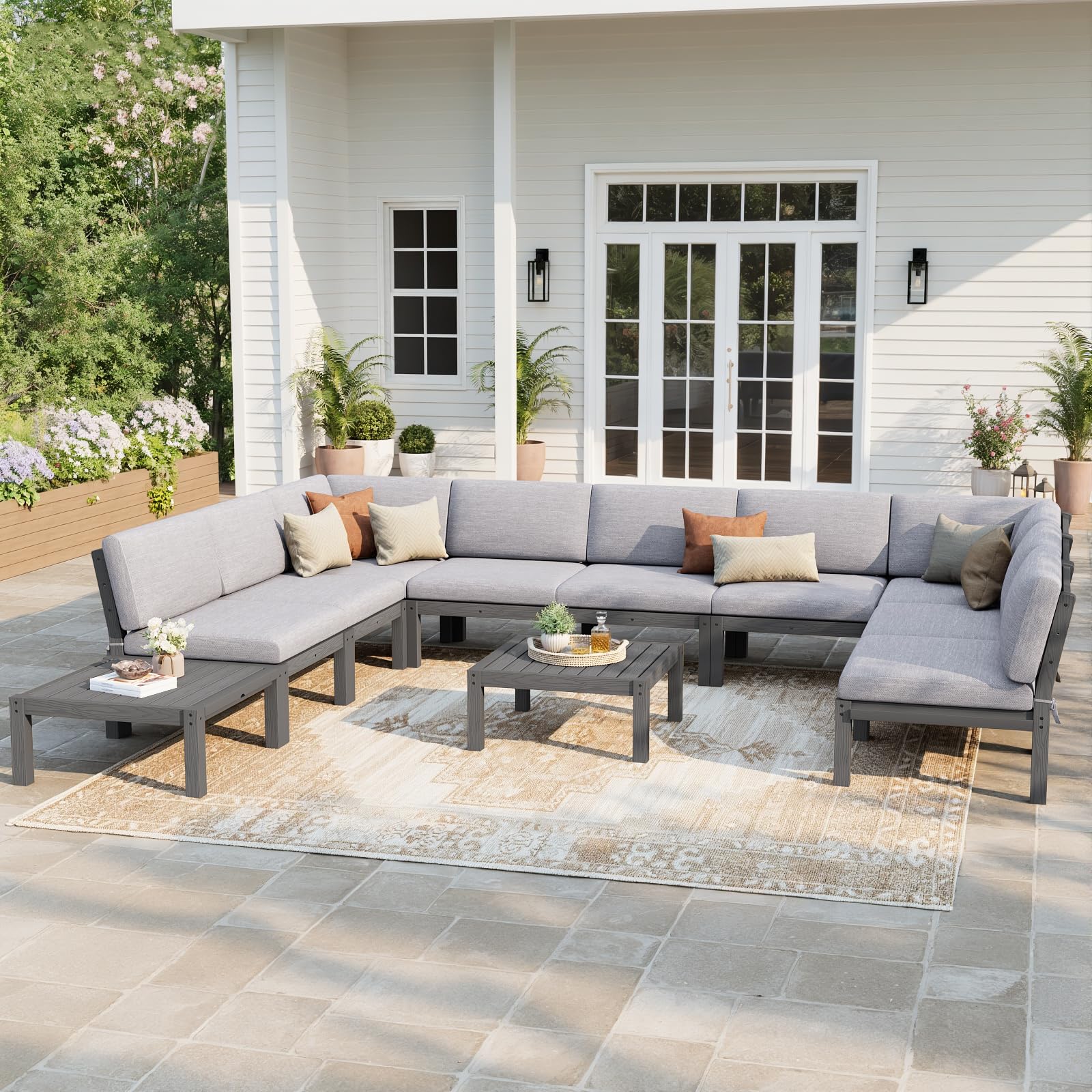 Stoog 11-Piece Patio Conversation Set, 9-Seats U-Shaped Modular Patio Sofa Set - Gap-Free &amp; No Shifting Design, HIPS Frame &amp; Olefin Cushions, Grey