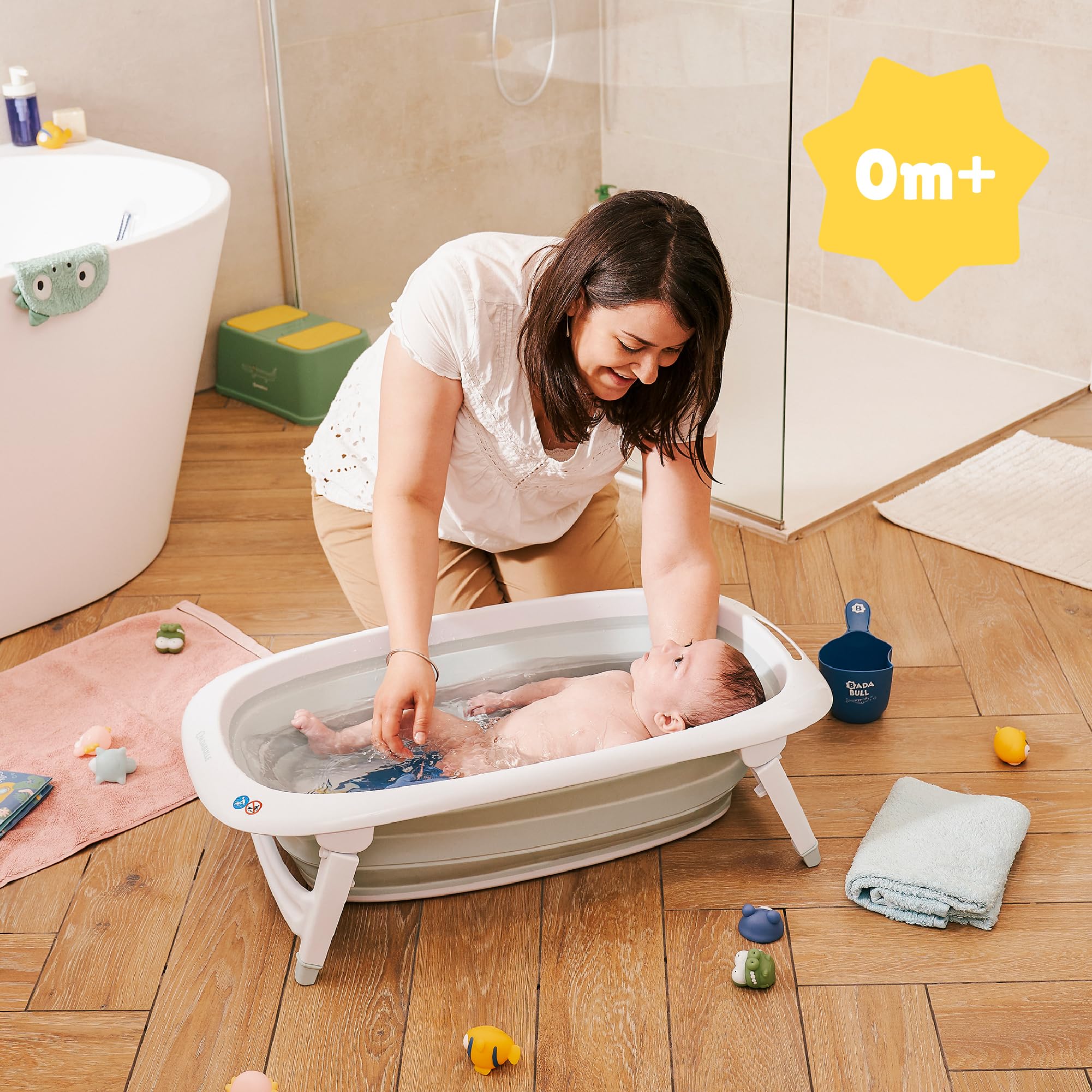 Badabulle Baignoire Bébé Pliable 35L Pieds Antidérapants Bouchon Vidange Témoin Température Poignée Transport Séchage