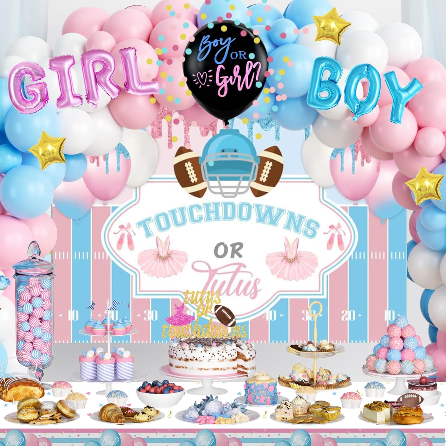Touchdowns or Tutus Gender Reveal Decorations, Pink Blue Boy or Girl Party Supplies Backdrop Banner Balloon Garland Tablecloth Cake Topper Plate Napkin Cup Straw Knife Spoon Fork Sash 230 PCs