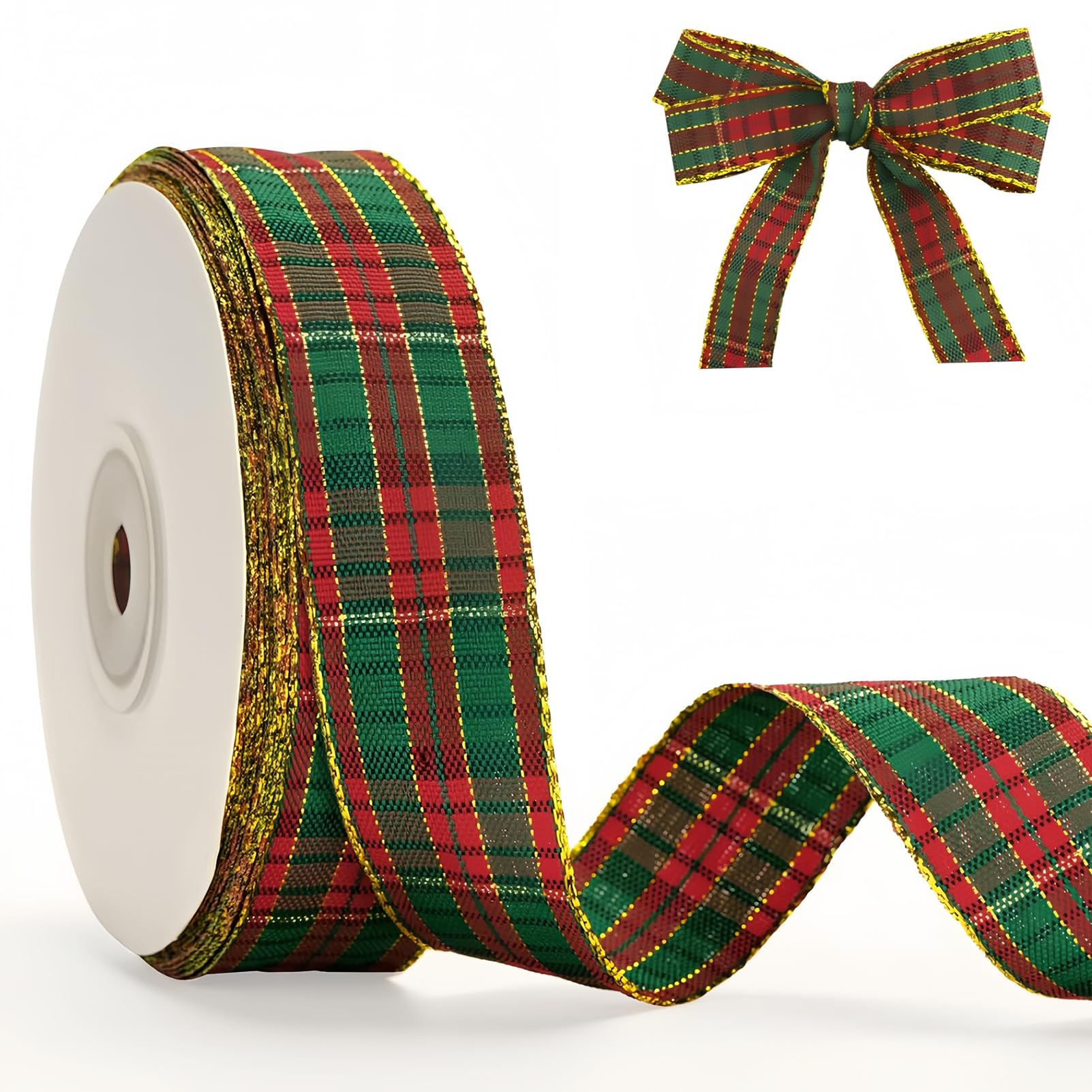 Christmas Plaid Ribbon, 25mm x 25 Yards Red Green Gold Tartan Ribbon for Gift Wrapping Crafts Wreath Bows